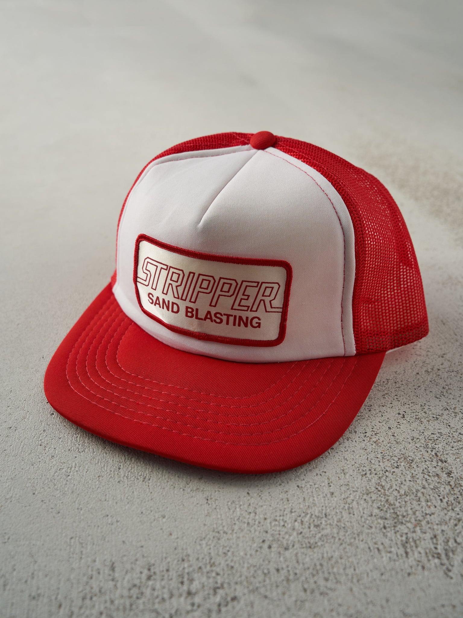 Vintage 80s Red & White Stripper Sand Blasting Foam Trucker Hat