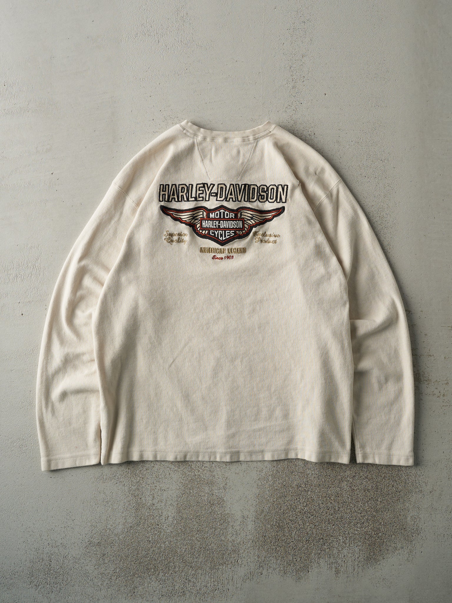 Vintage 90s Beige Embroidered Harley Davidson Quarter Button Long Sleeve (L)