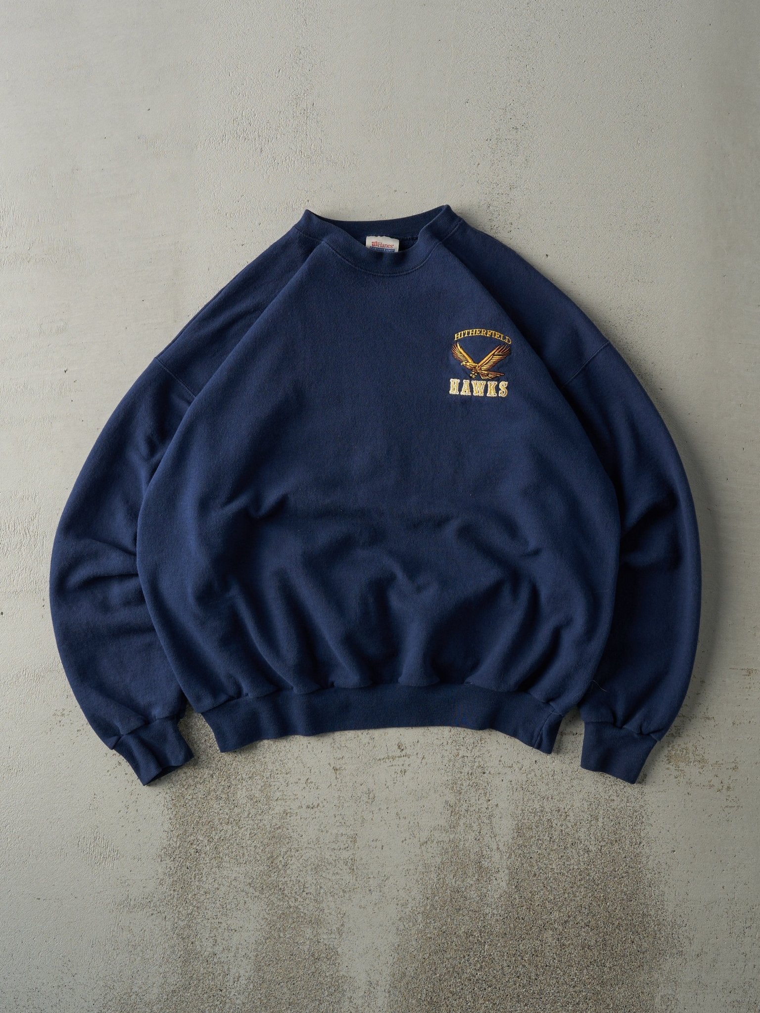 Vintage Y2K Navy Blue Embroidered Hitherfield Hawks Boxy Crewneck (L)