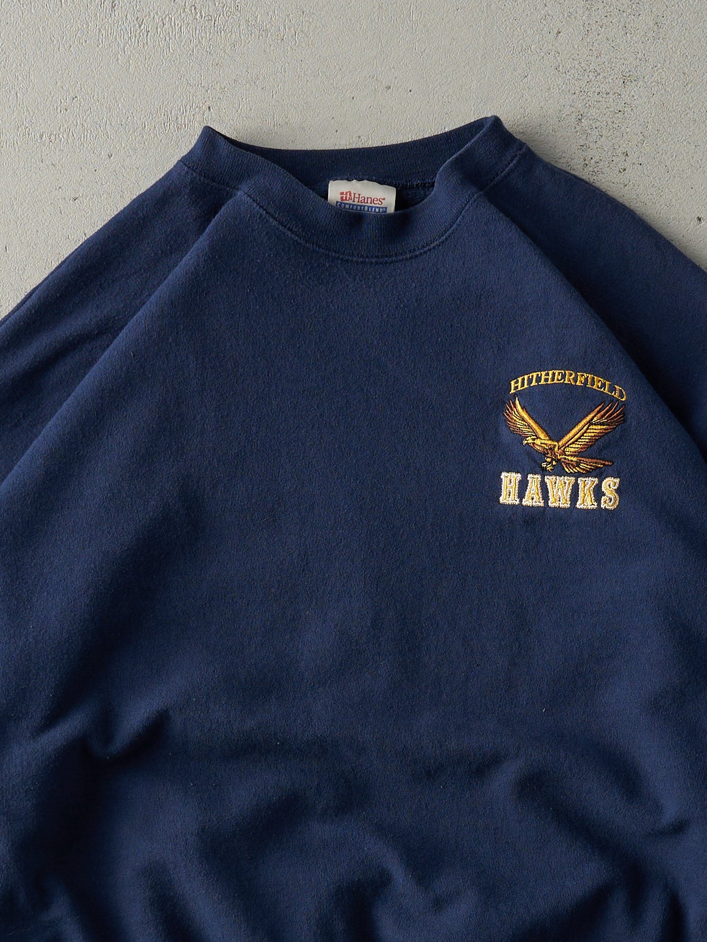 Vintage Y2K Navy Blue Embroidered Hitherfield Hawks Boxy Crewneck (L)