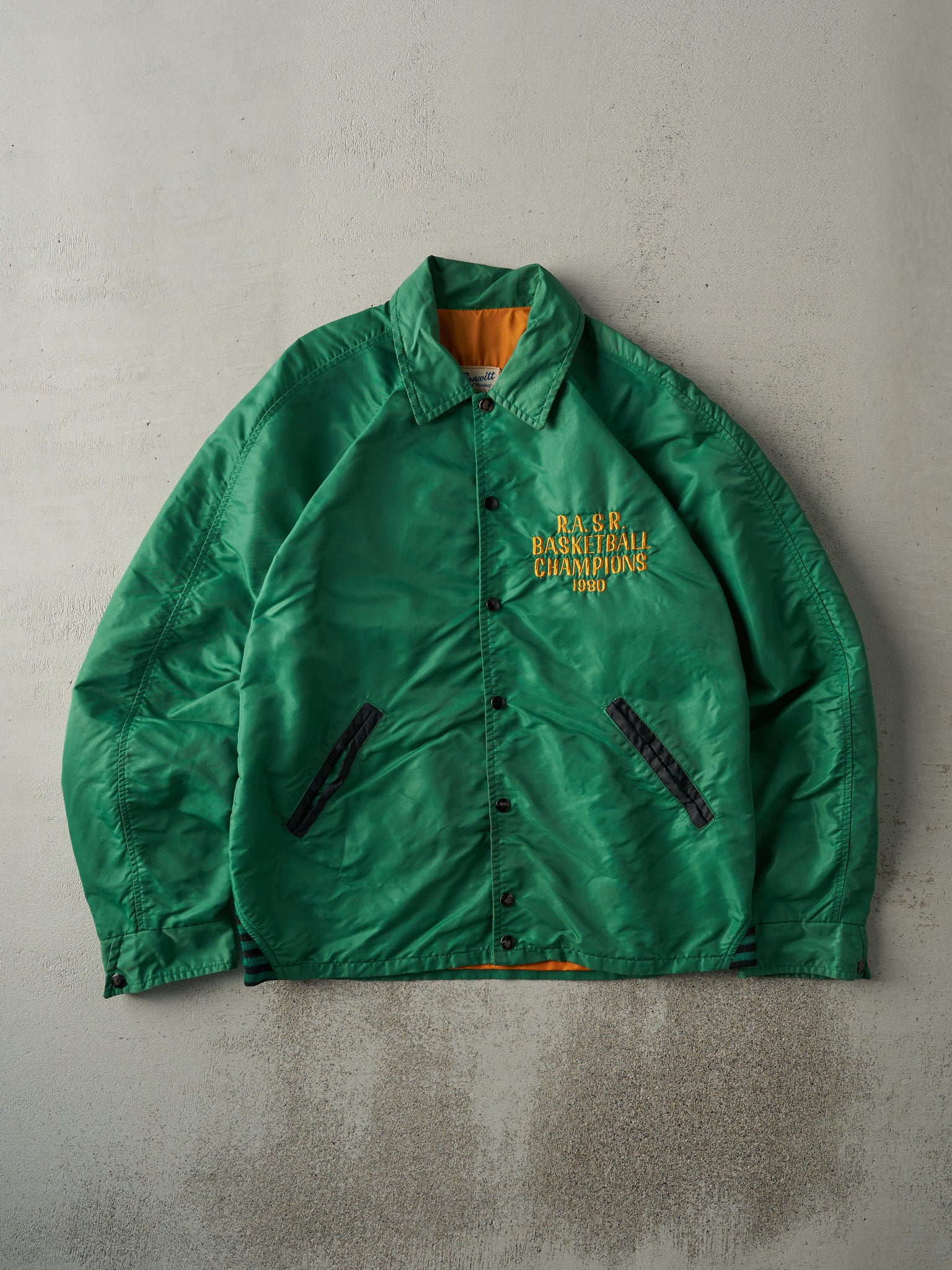 Vintage 80s Green R.A. SR Basketball Champions Nylon Puffer Jacket (M)