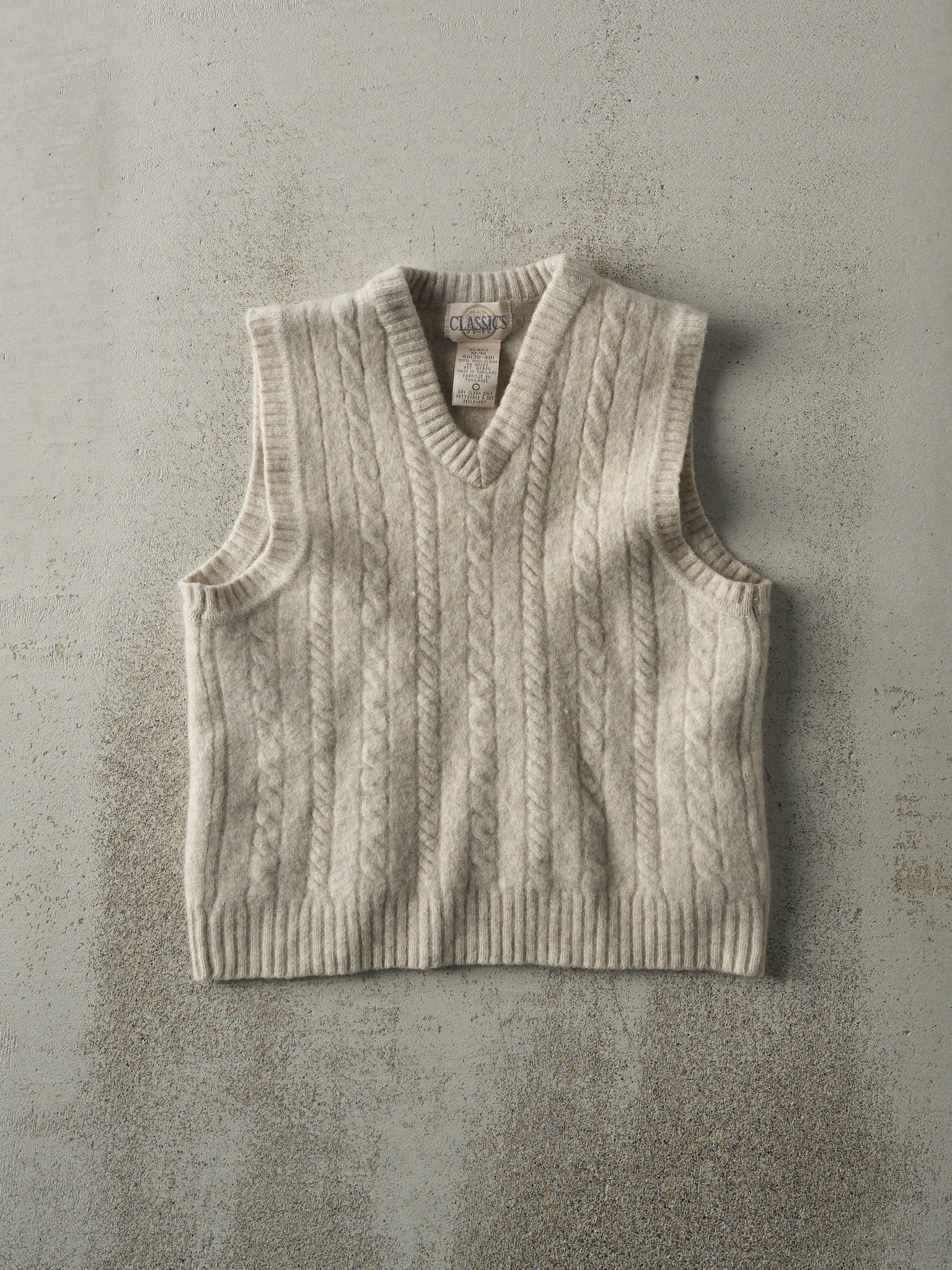 Vintage 90s Beige Cable Knit Wool Vest (S)