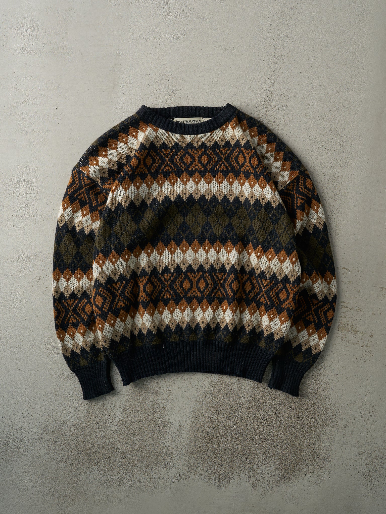 Vintage 80s Brown, Black and Beige Patterned Knit Pullover (L)