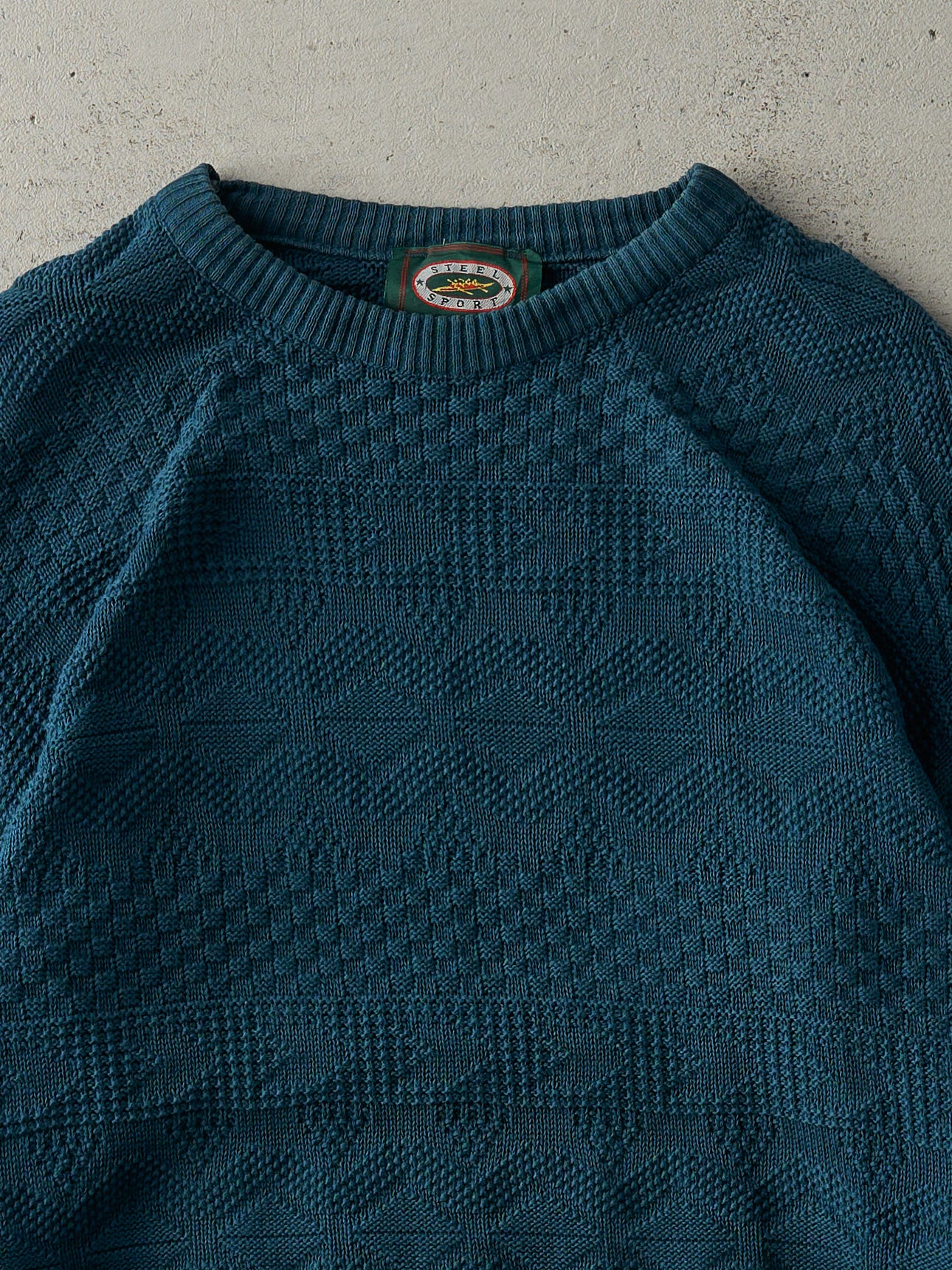 Vintage 90s Deep Teal Patterned Knit Pullover (M)