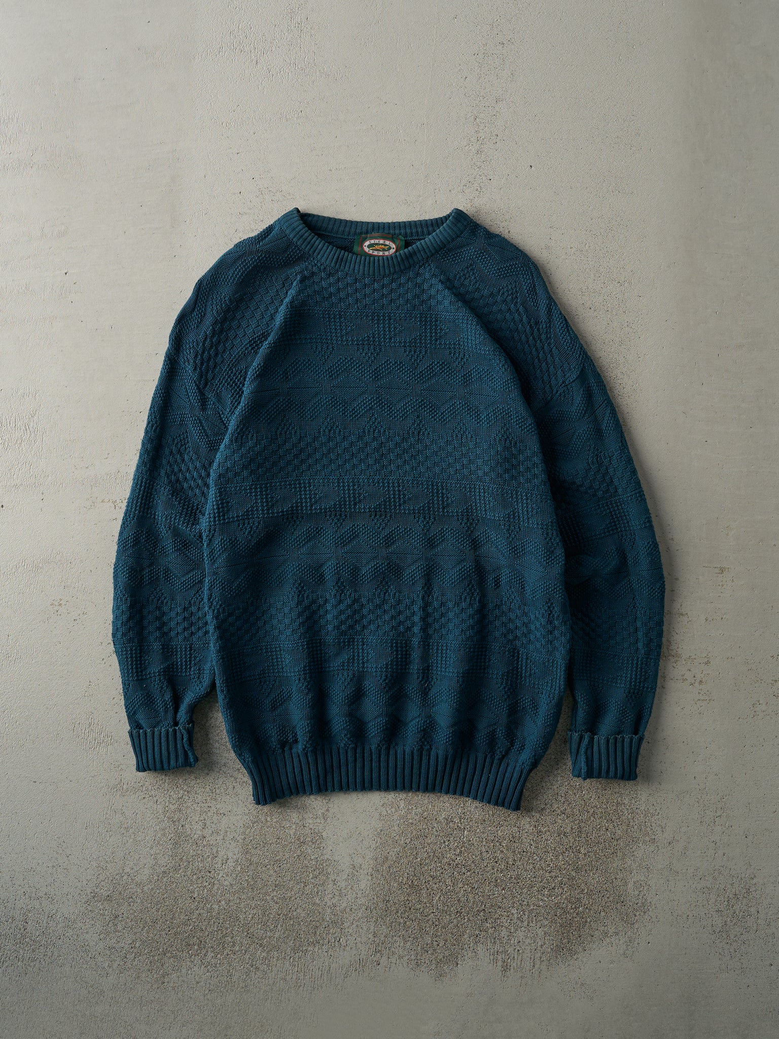 Vintage 90s Deep Teal Patterned Knit Pullover (M)