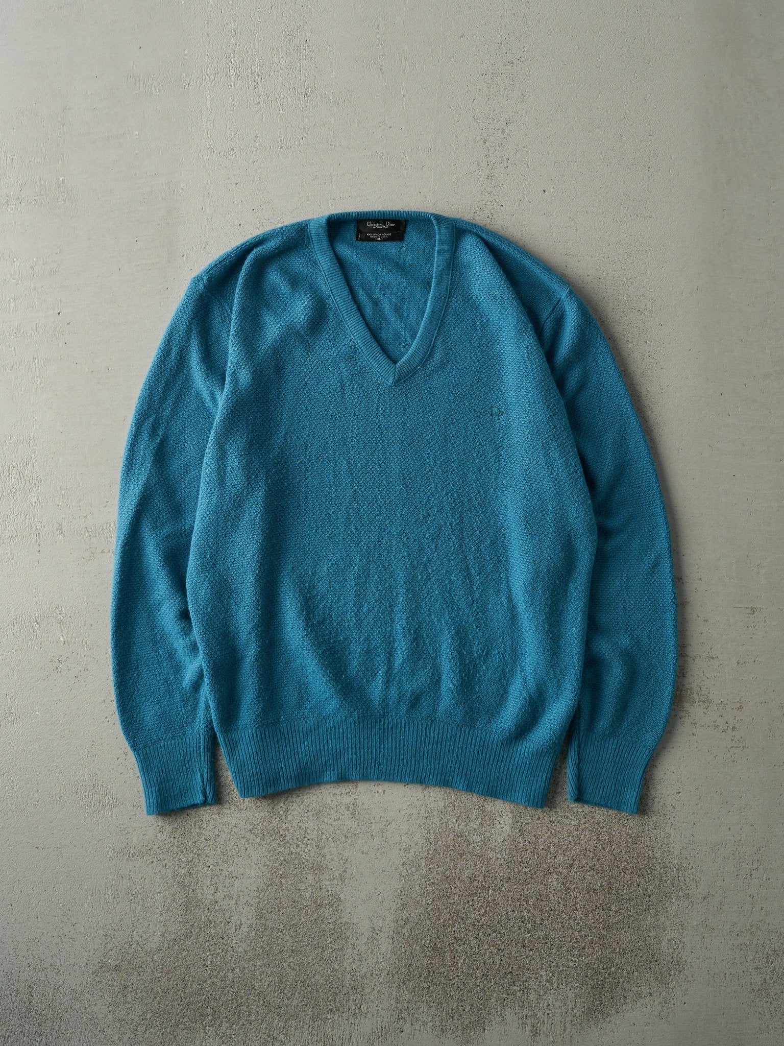 Vintage 80s Blue Embroidered Christian Dior Knit V-Neck Sweater (L)
