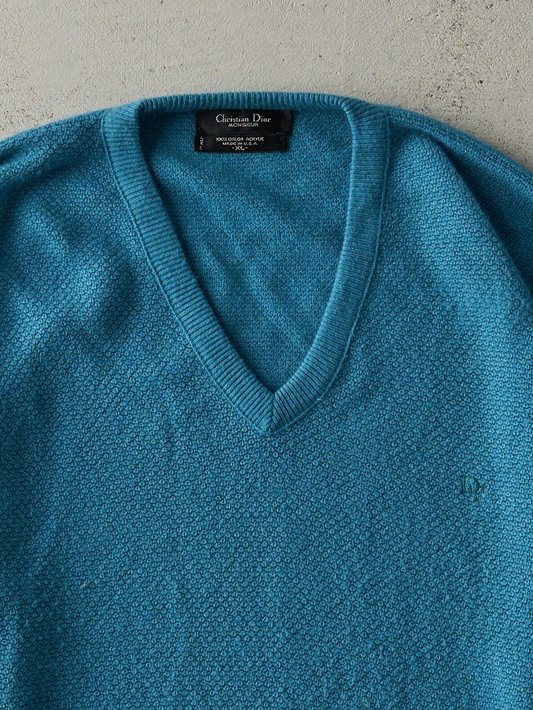 Vintage 80s Blue Embroidered Christian Dior Knit V-Neck Sweater (L)