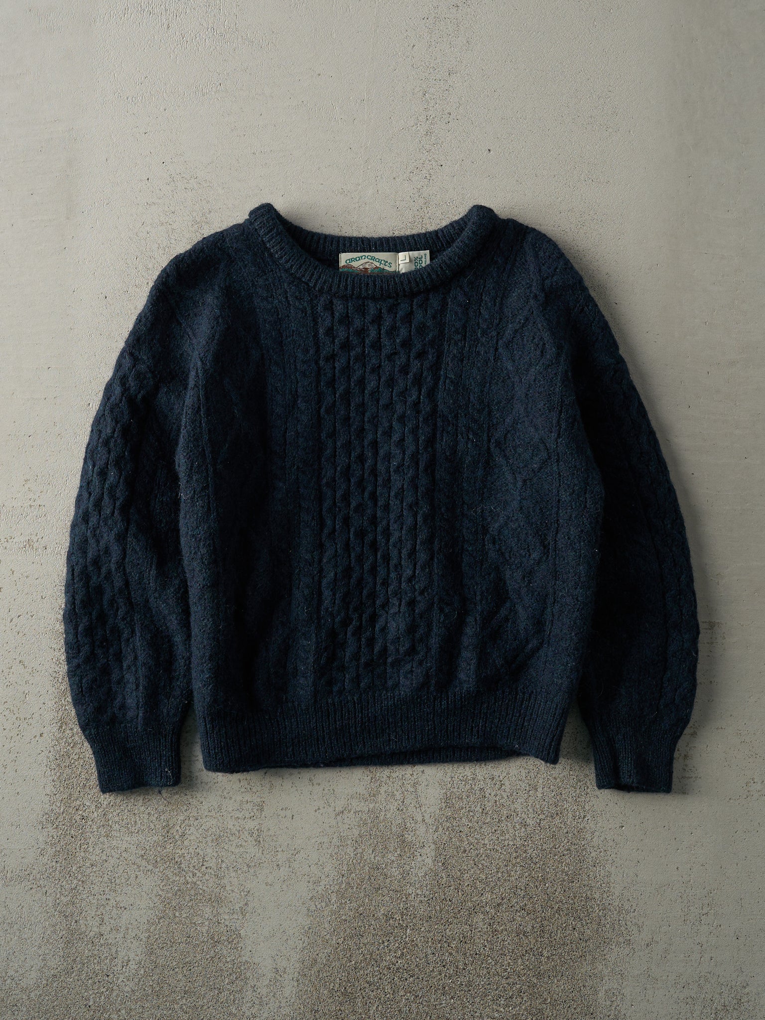 Vintage 80s Navy Blue Chunky Cable Knit Pullover (M)