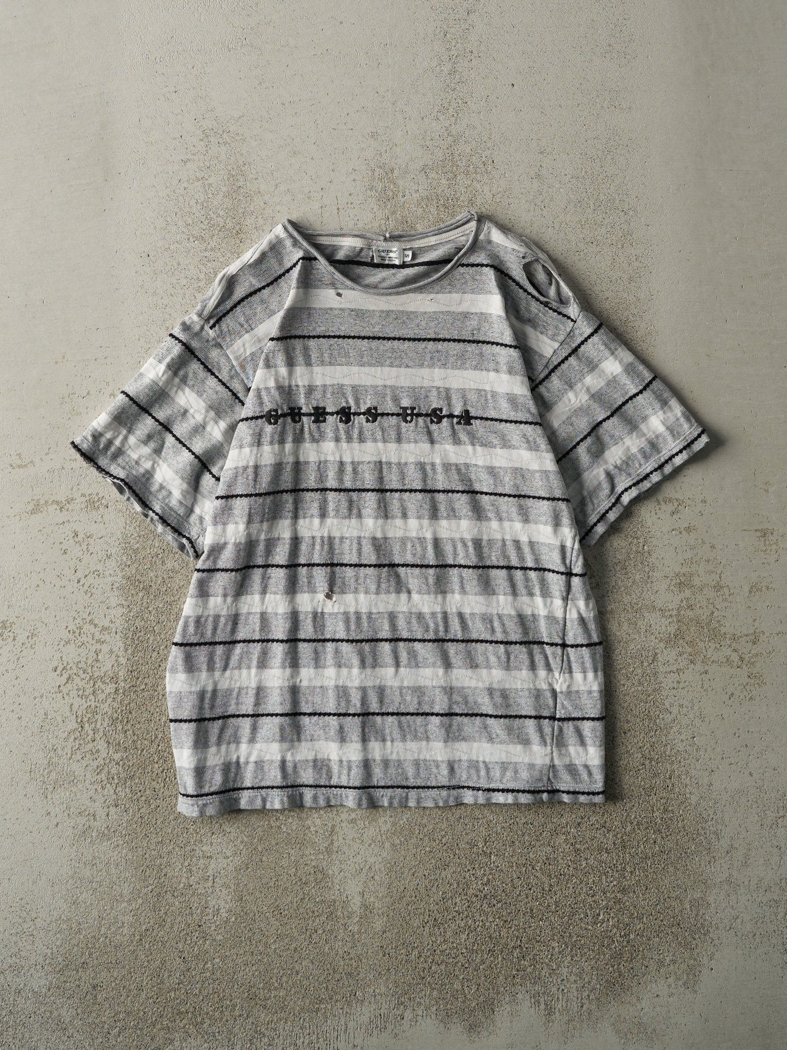 Vintage Y2K Grey & White Embroidered Guess Striped Tee (S/M)