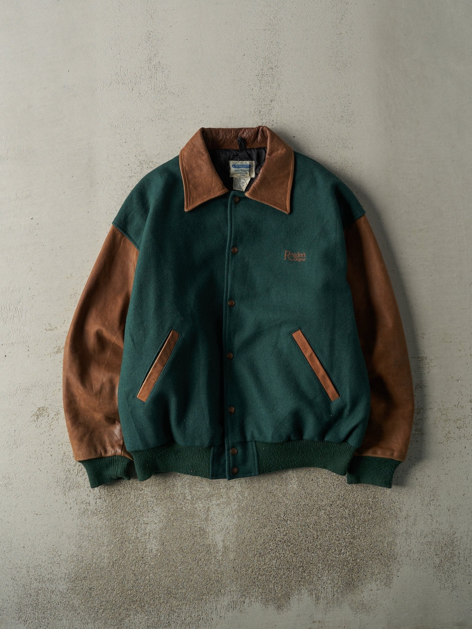 Vintage 90s Green & Brown Readers Digest Embroidered Varsity Jacket (XL)