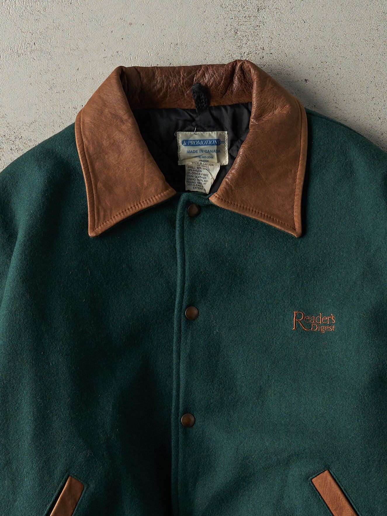 Vintage 90s Green & Brown Readers Digest Embroidered Varsity Jacket (XL)