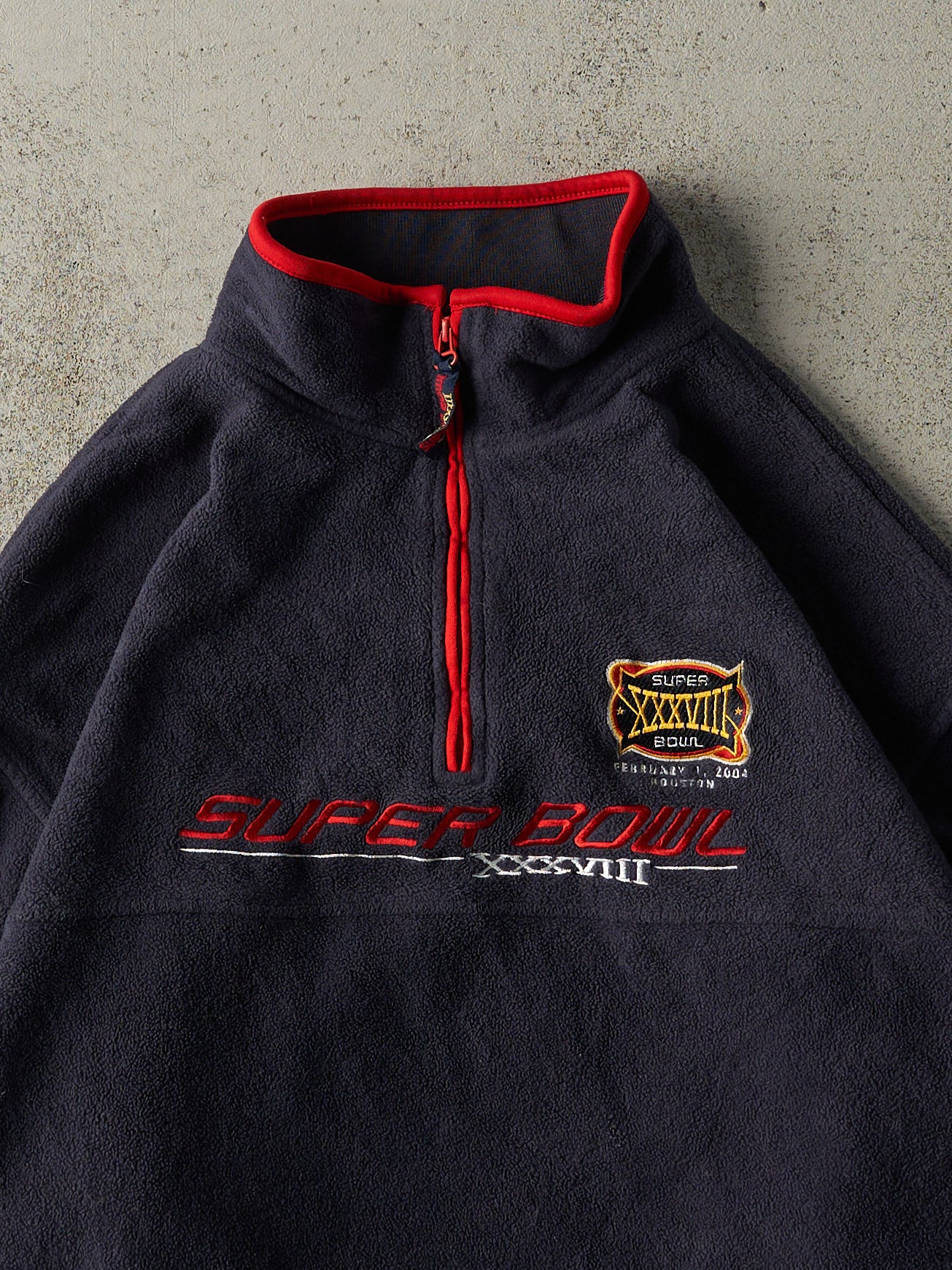 Vintage 04' Navy Blue Super Bowl XXXVIII Embroidered Fleece Quarter Zip (XL)