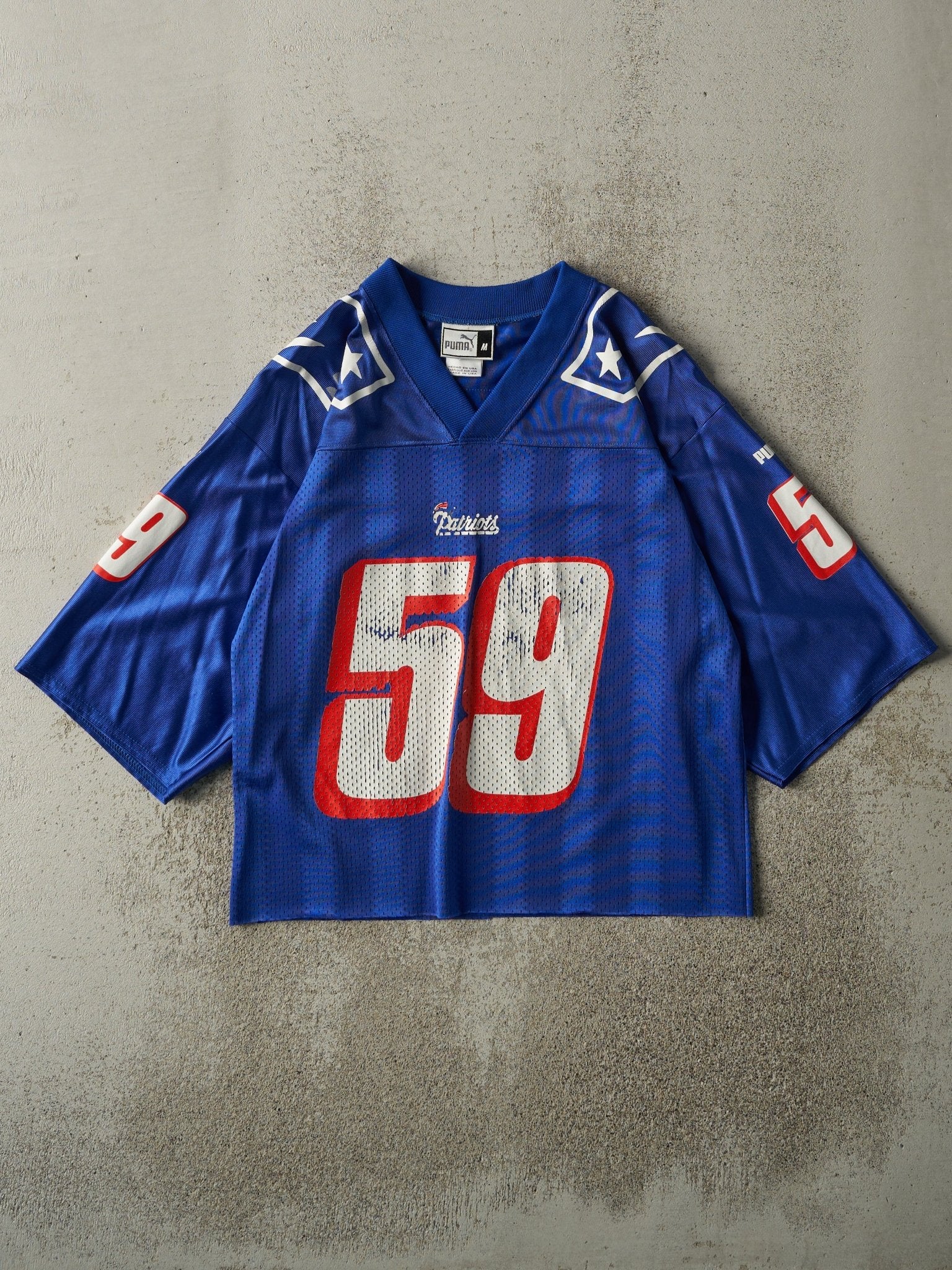 Vintage 99' Blue New England Patriots #59 Katzenmoyer Cropped Jersey (M)