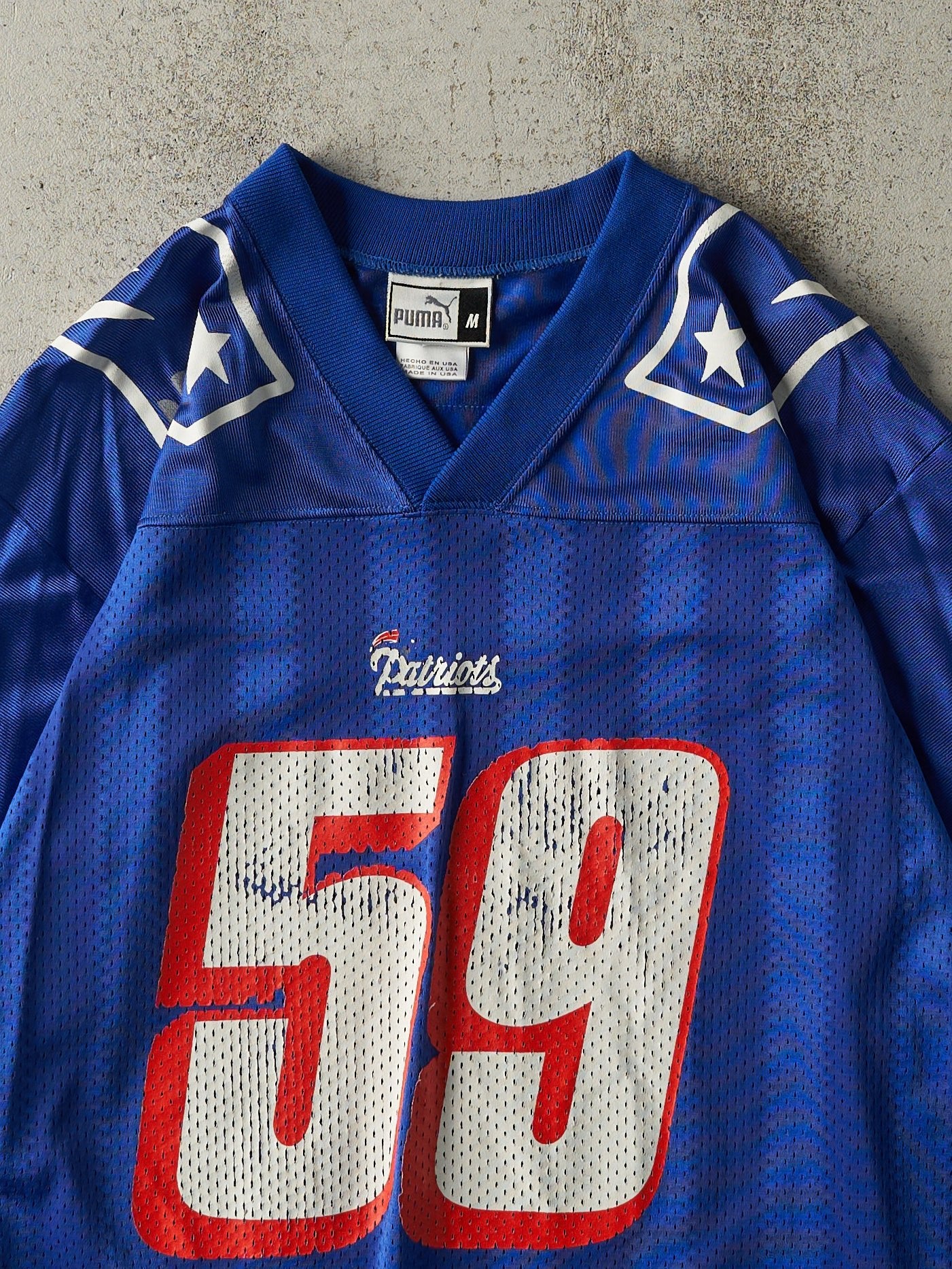 Vintage 99' Blue New England Patriots #59 Katzenmoyer Cropped Jersey (M)