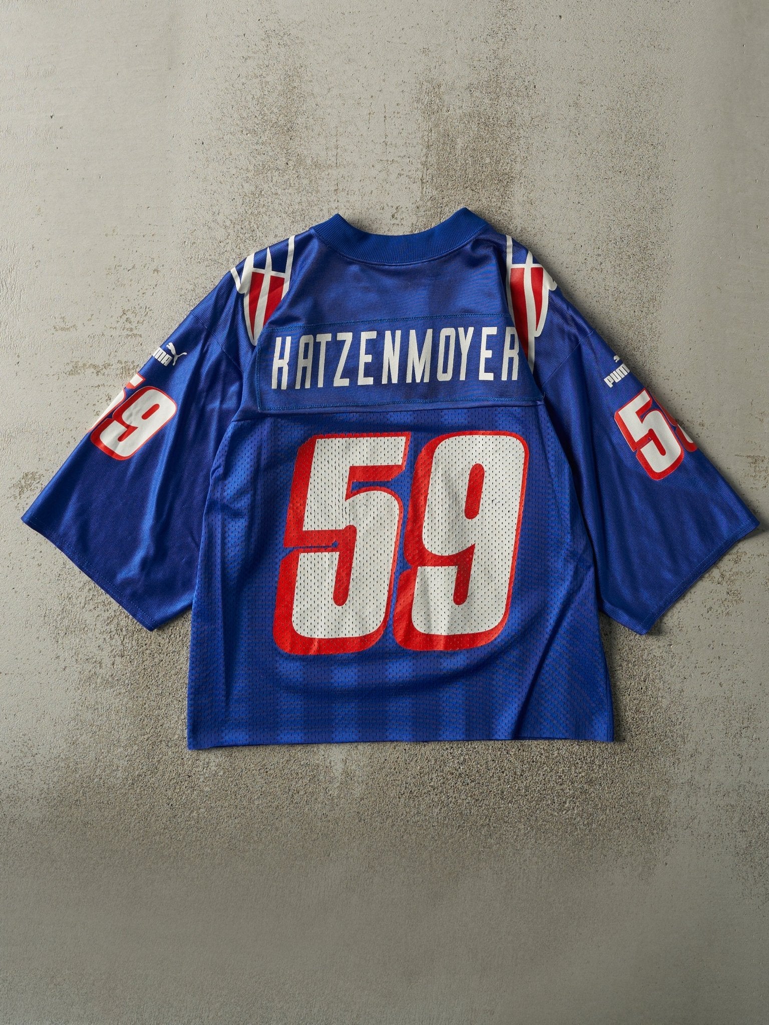 Vintage 99' Blue New England Patriots #59 Katzenmoyer Cropped Jersey (M)