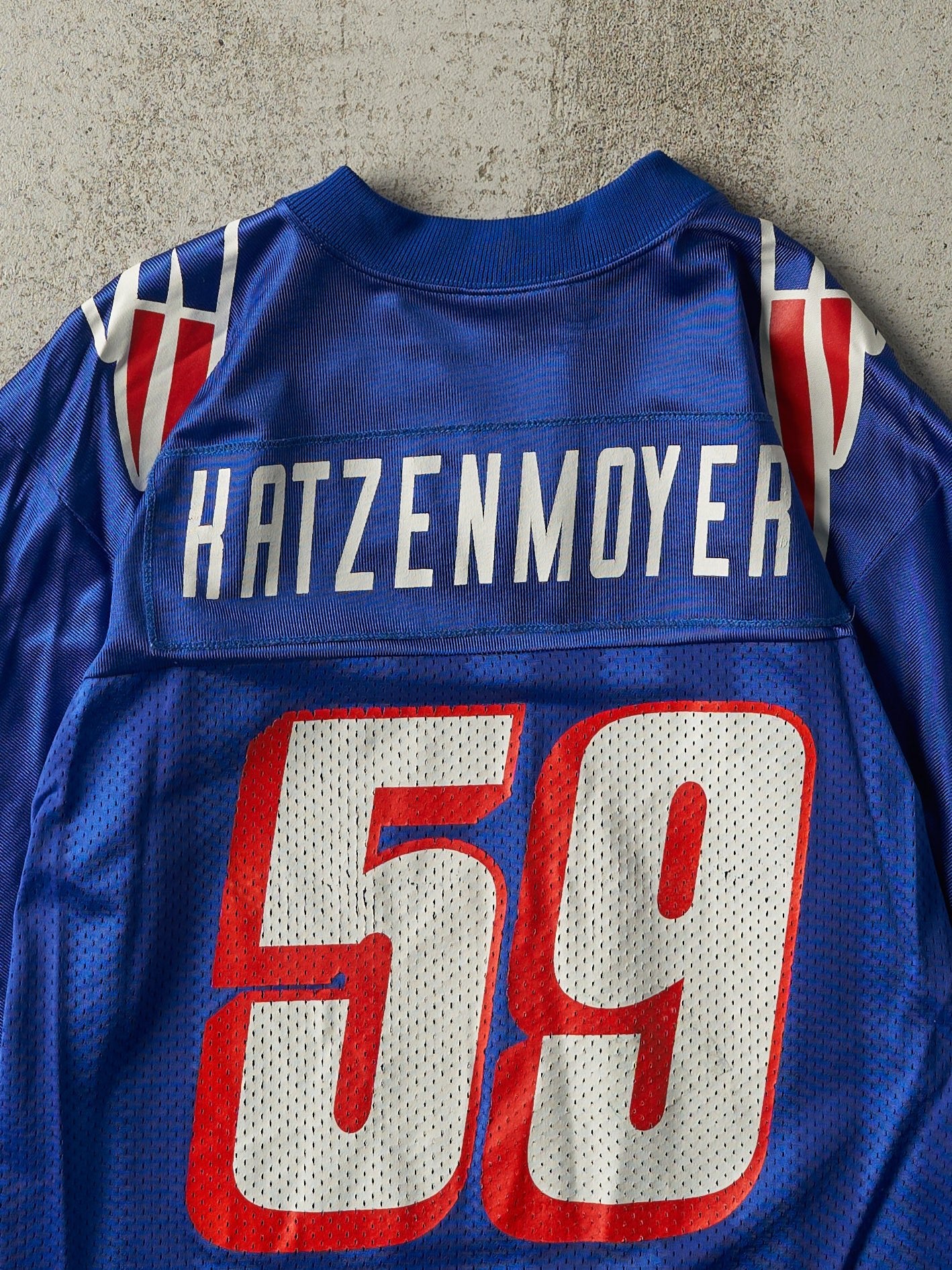 Vintage 99' Blue New England Patriots #59 Katzenmoyer Cropped Jersey (M)