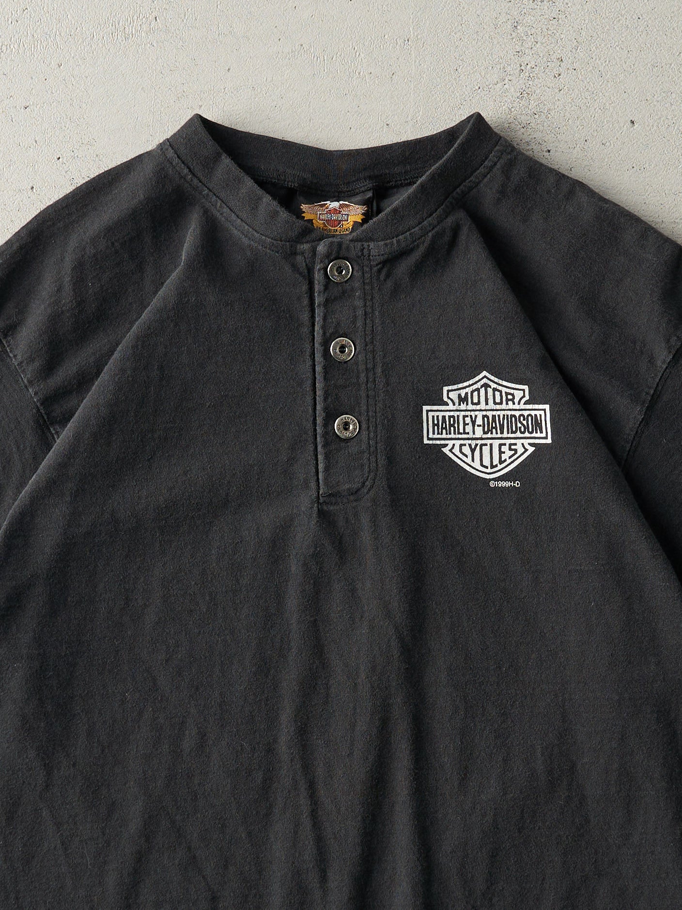 Vintage 99' Black Florida Harley Davidson Quarter Button Long Tee (L/XL)