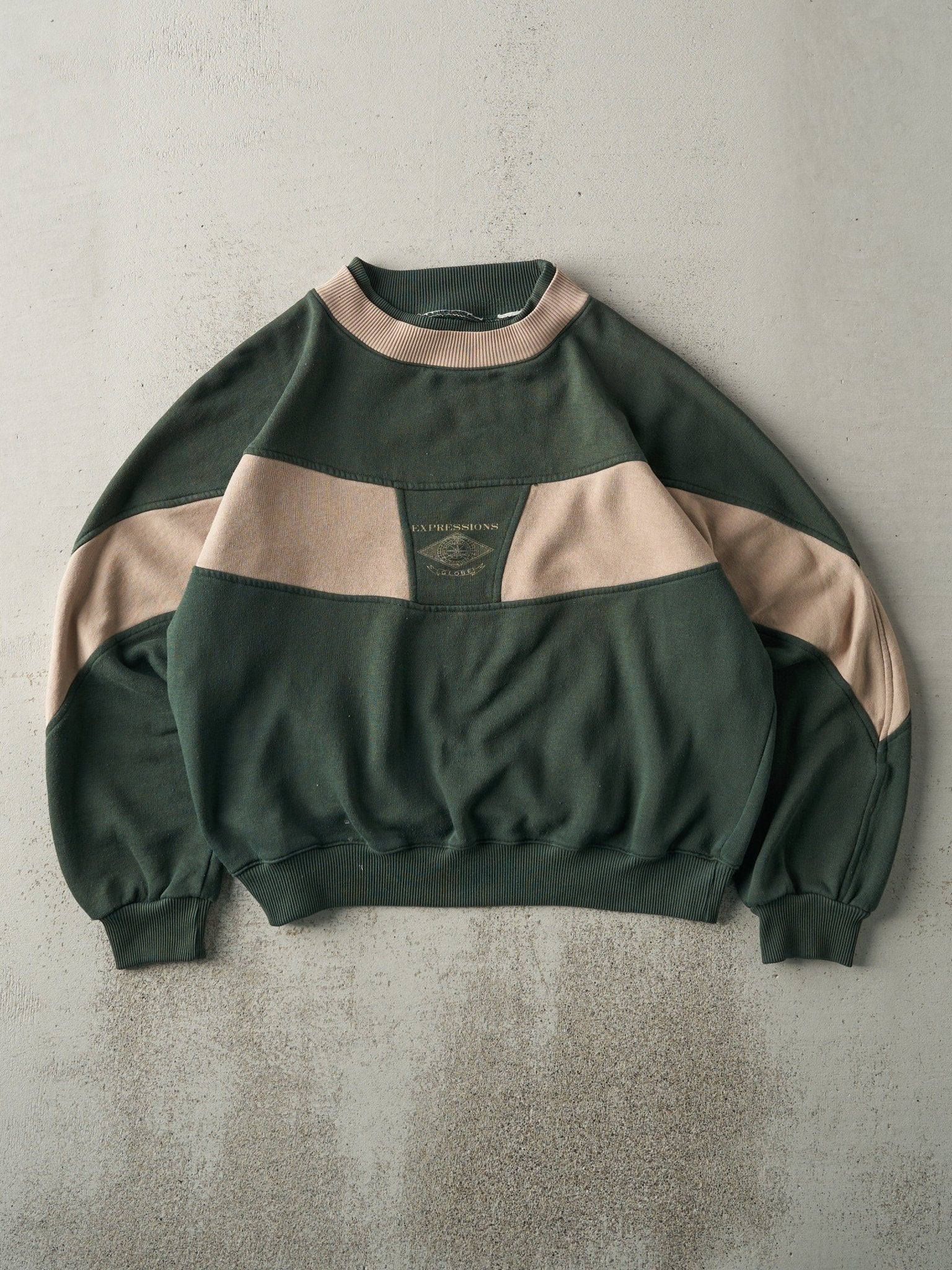 Vintage 80s Forest Green & Beige Expressions Globe Boxy Double Neck Sweater (M/L)
