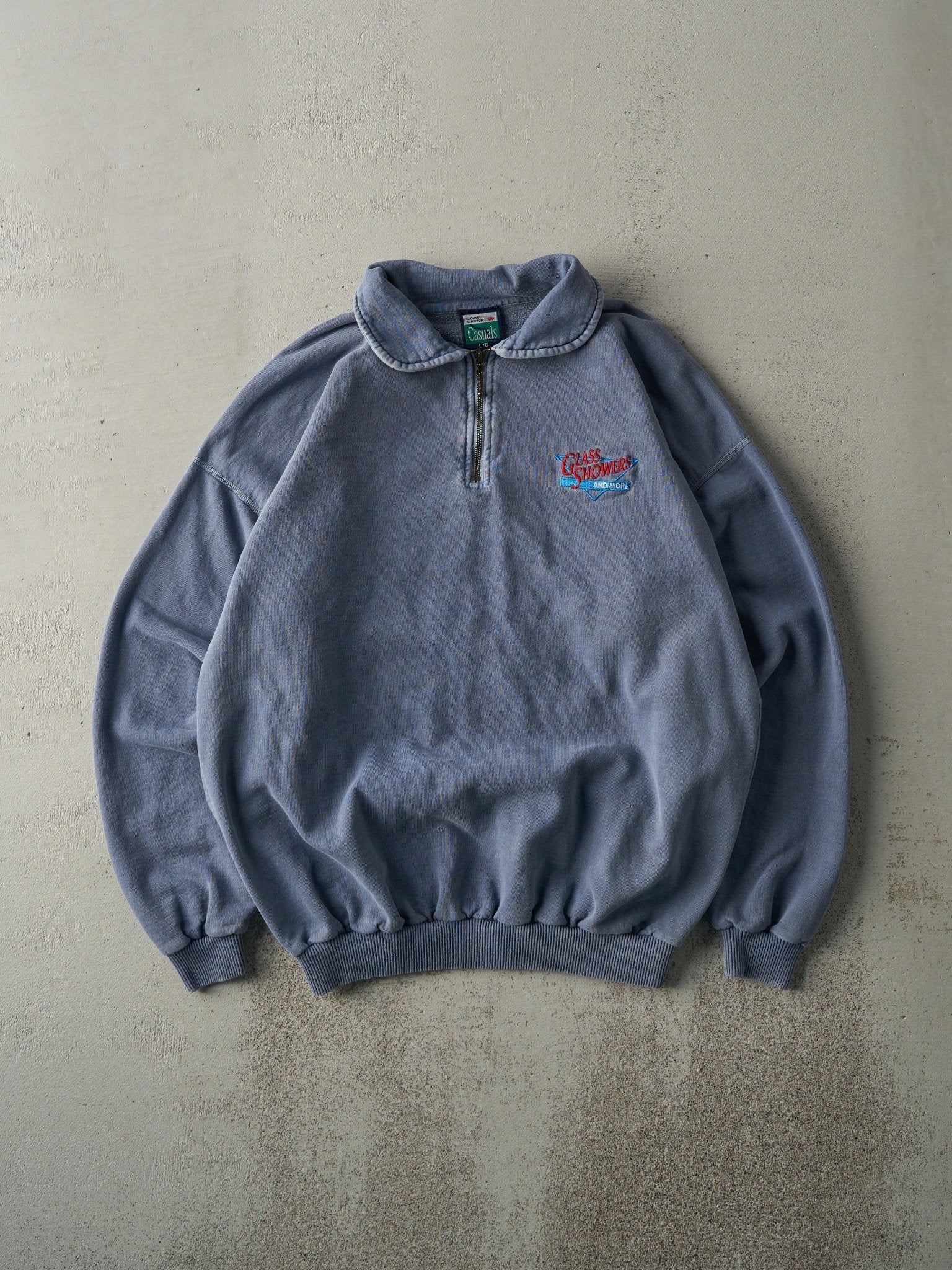 Vintage 90s Washed Blue Embroidered Quarter Zip Sweatshirt (L)