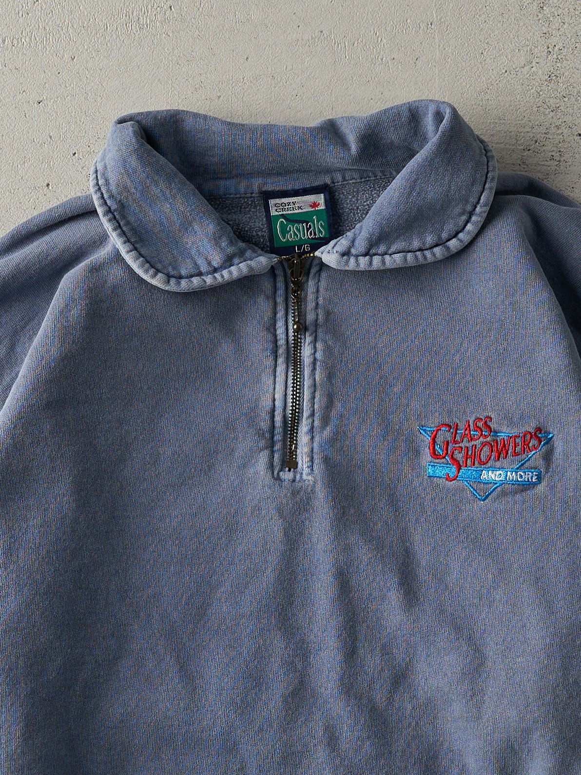 Vintage 90s Washed Blue Embroidered Quarter Zip Sweatshirt (L)