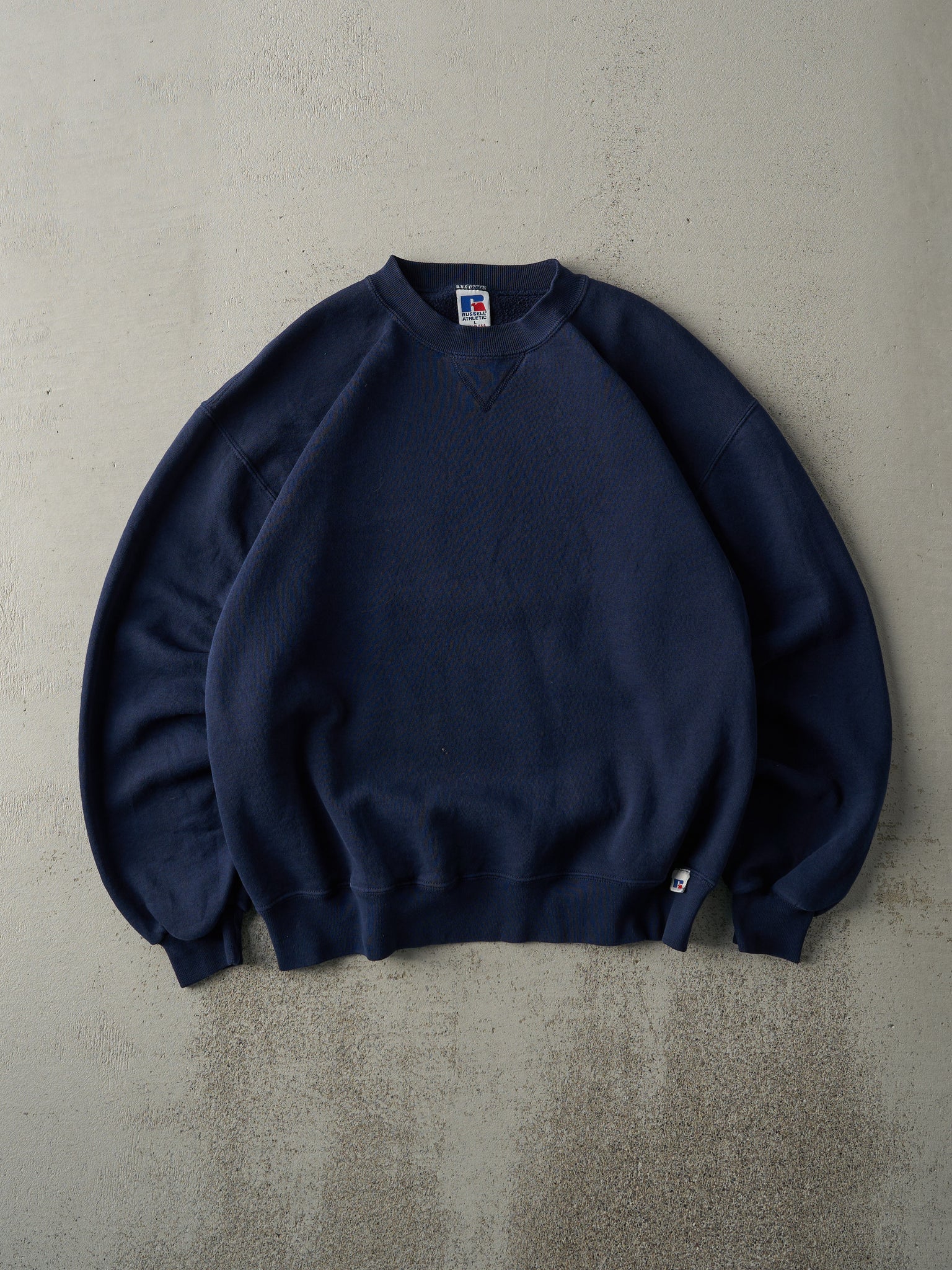 Vintage 90s Navy Blue Russell Athletic Blank Boxy Crewneck (M)