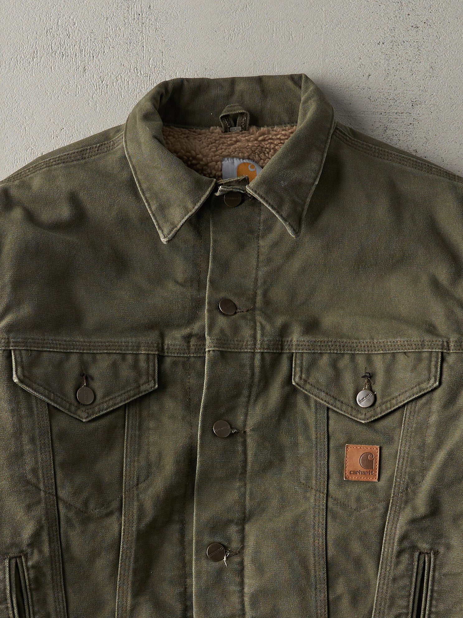 Vintage Y2K Olive Green Sherpa Lined Carhartt Trucker Jacket (M)