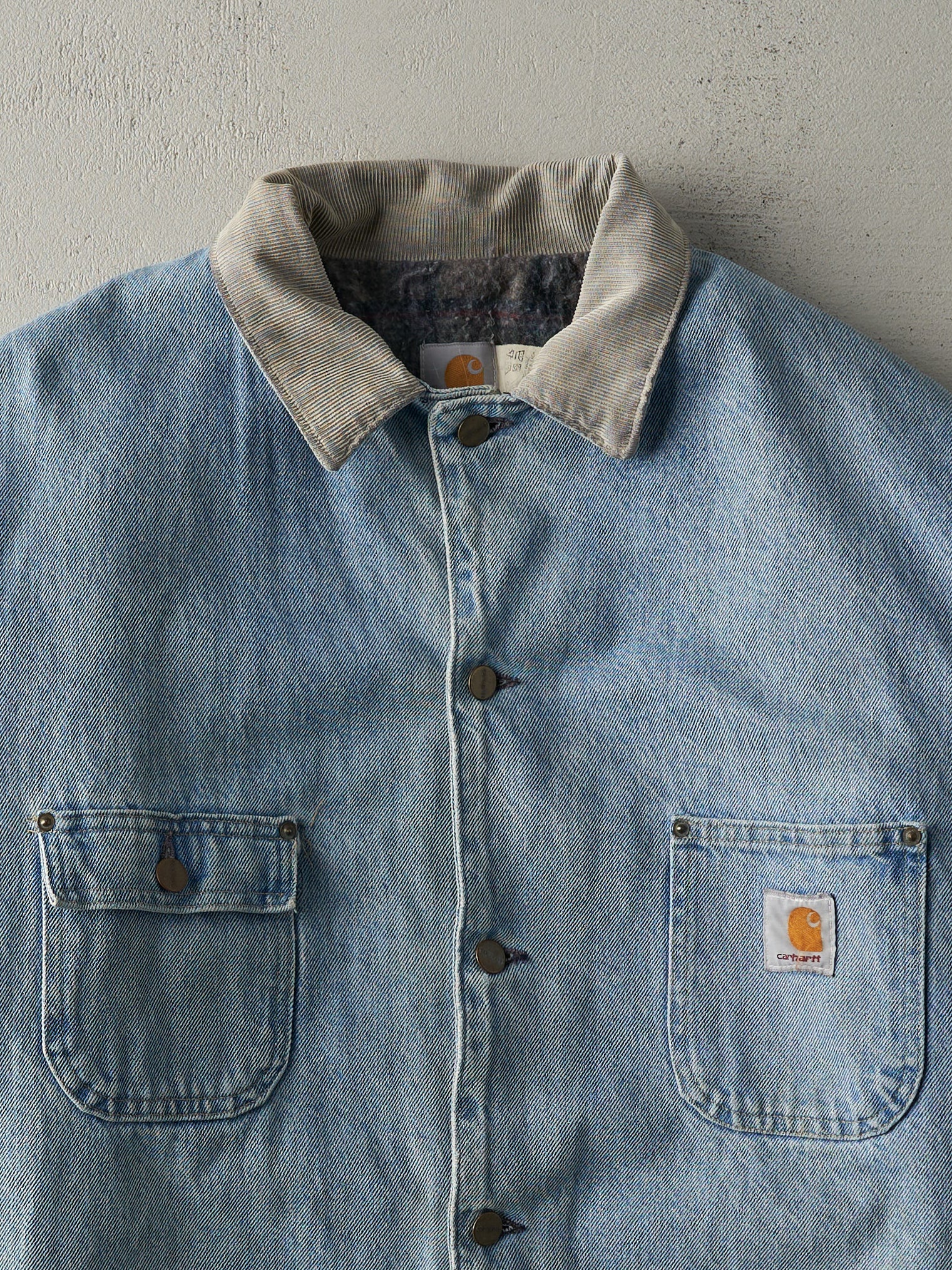 Vintage 90s Light Wash Carhartt Blanket Lined Denim Chore Jacket (XL)