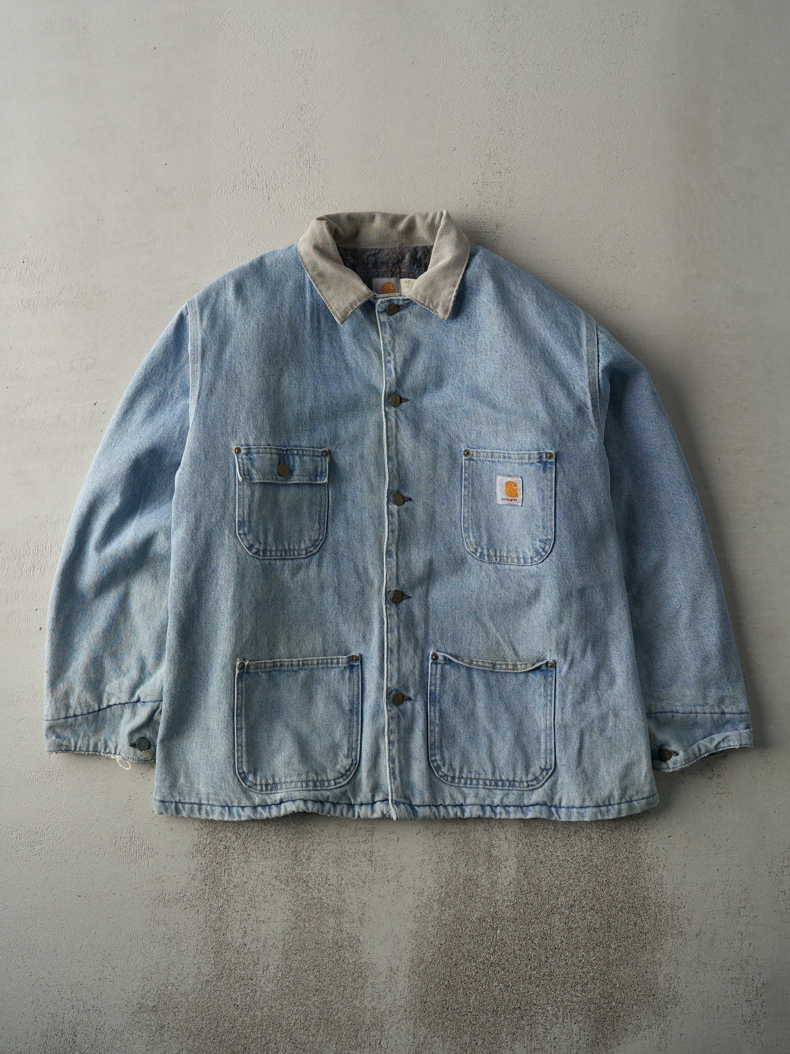 Vintage 90s Light Wash Carhartt Blanket Lined Denim Chore Jacket (XL)