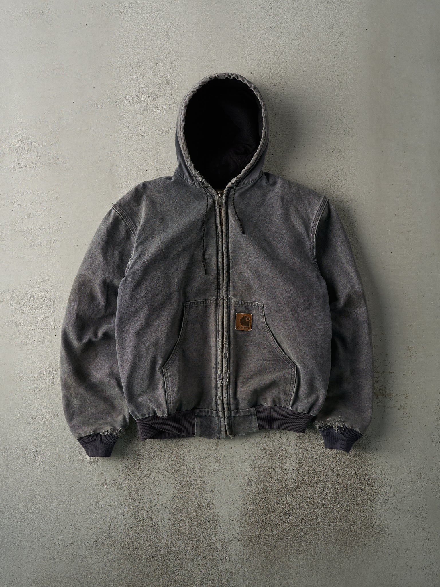 Vintage Y2K Washed Grey Carhartt Hooded Work Jacket (L)