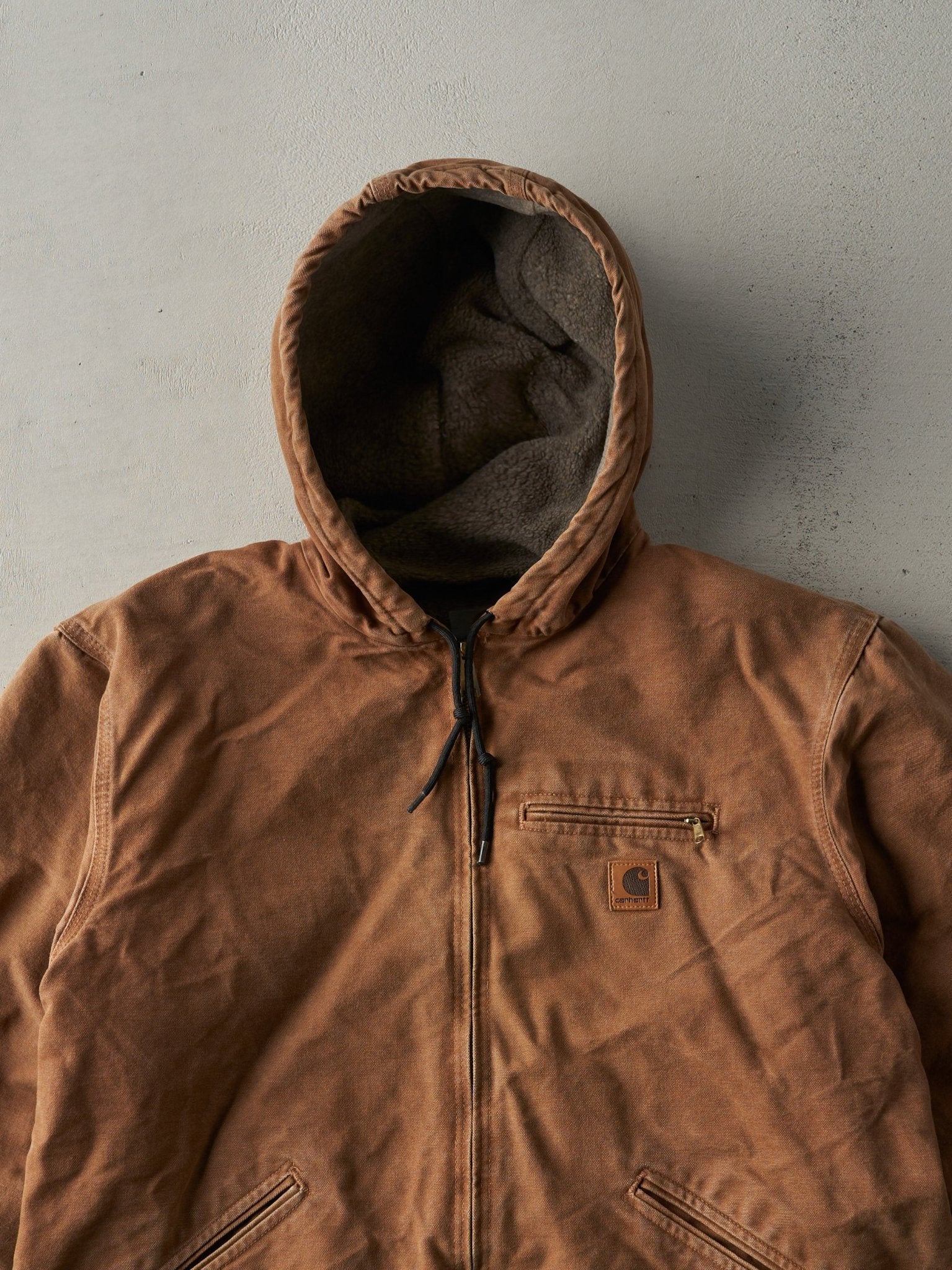 Vintage Y2K Camel Brown Carhartt Sherpa Lined Hooded Work Jacket (XL)