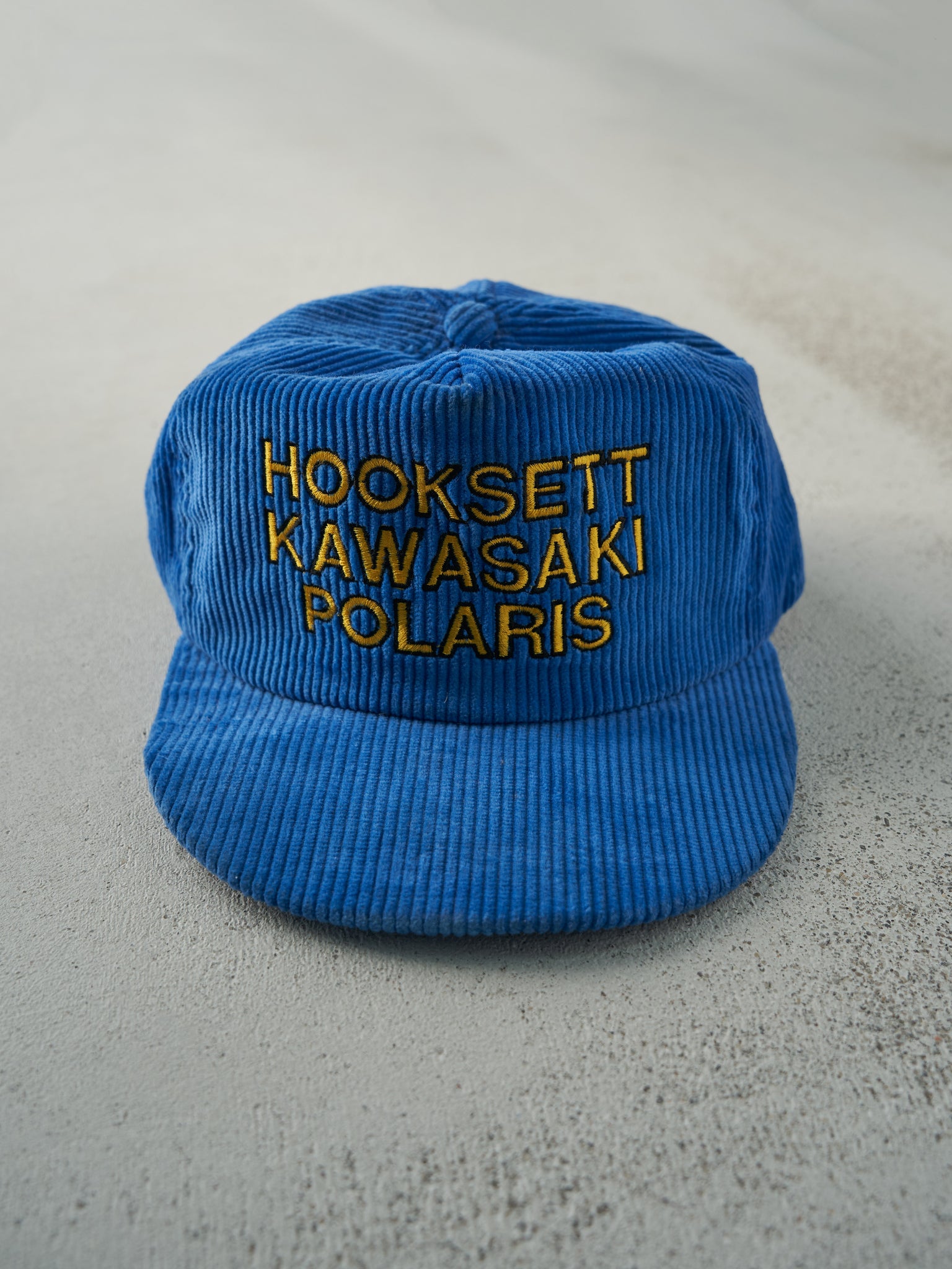 Vintage 80s Blue Corduroy Embroidered Hooksett Kawasaki Snapback Hat