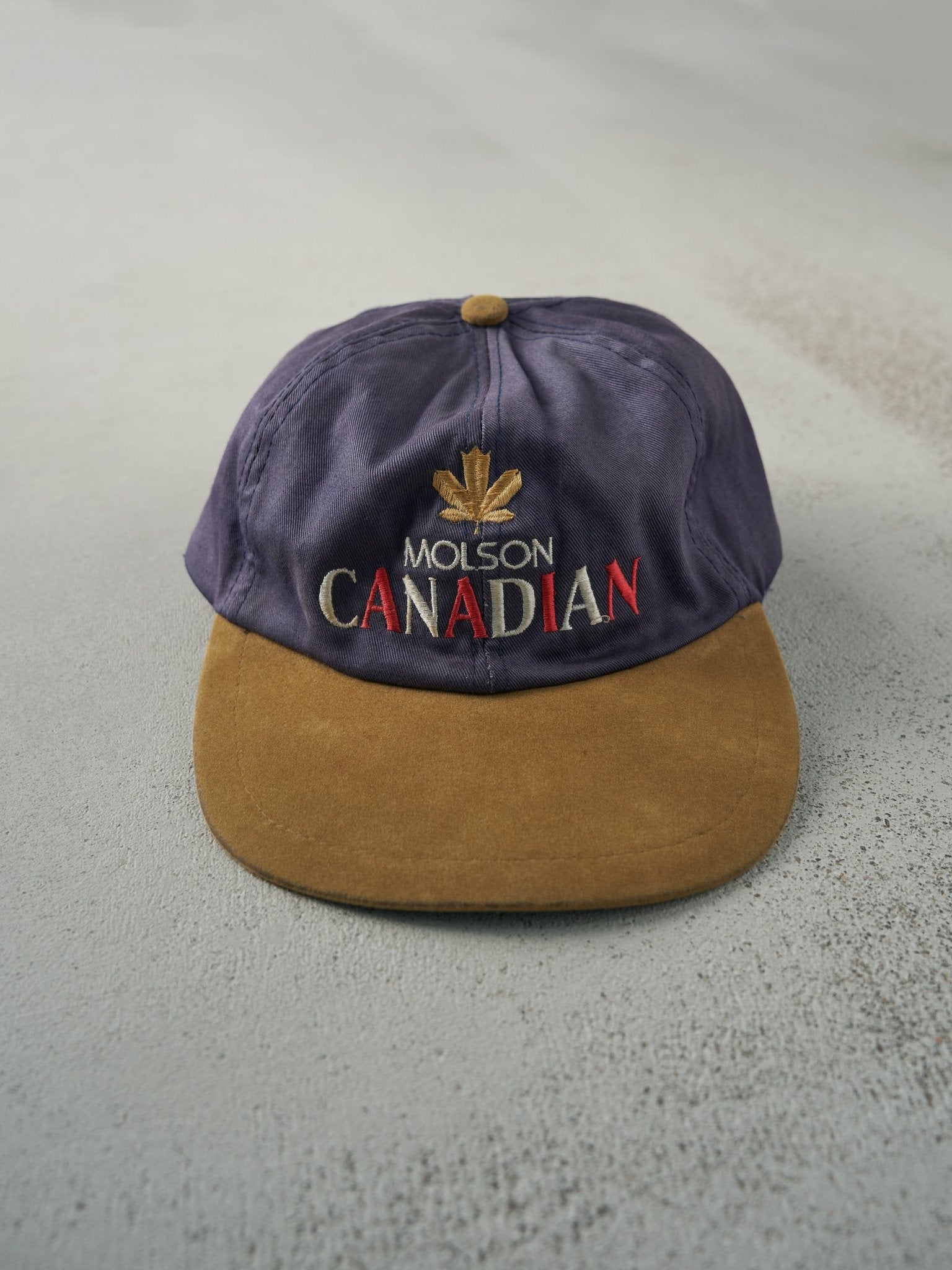 Vintage 90s Blue Molson Canadian Leather Strapback Hat