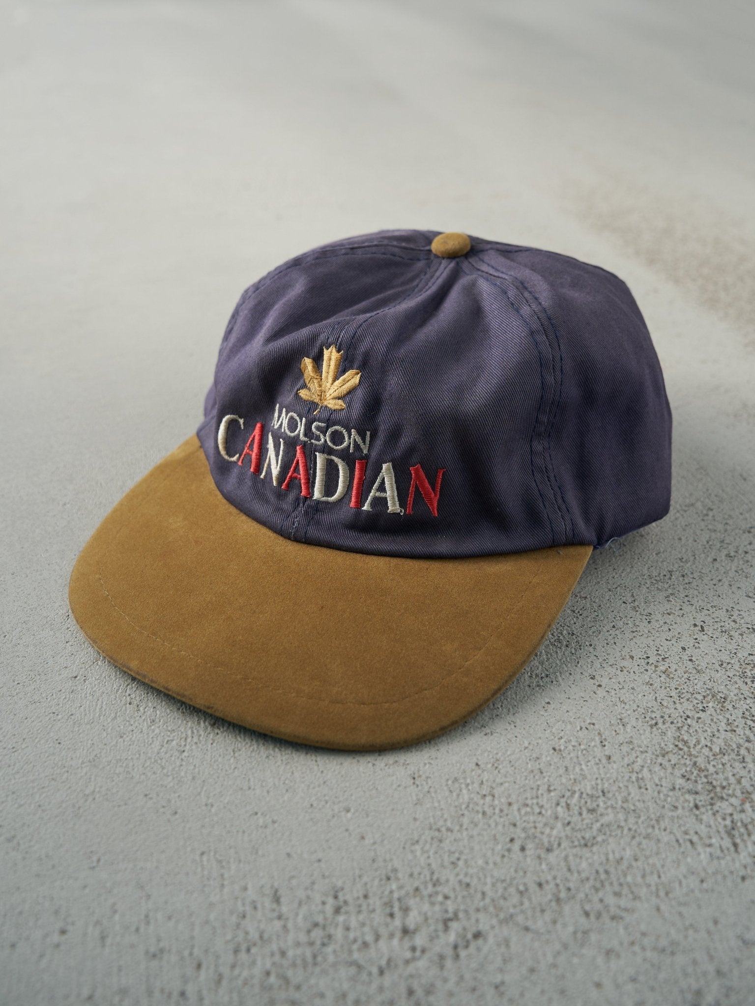 Vintage 90s Blue Molson Canadian Leather Strapback Hat