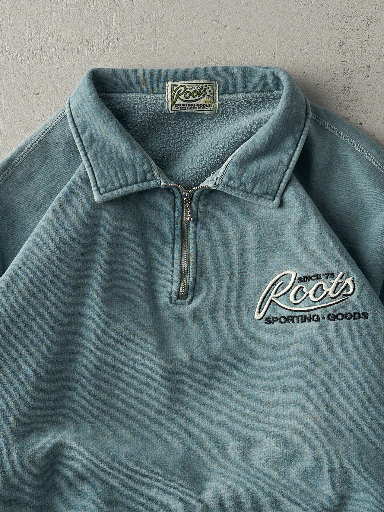 Vintage 90s RARE Washed Green Roots Quarter Zip Sweatshirt (L)