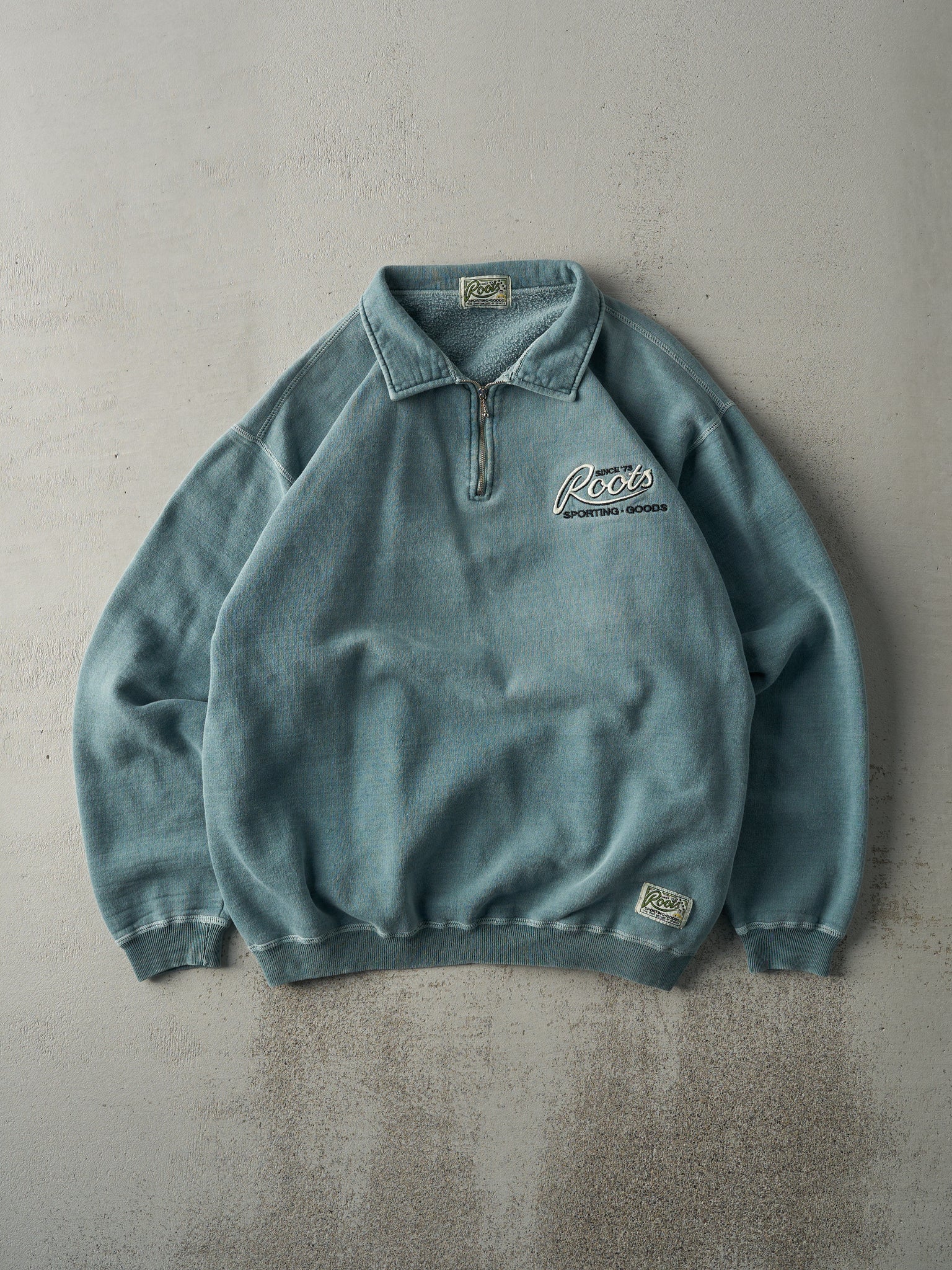 Vintage 90s RARE Washed Green Roots Quarter Zip Sweatshirt (L)