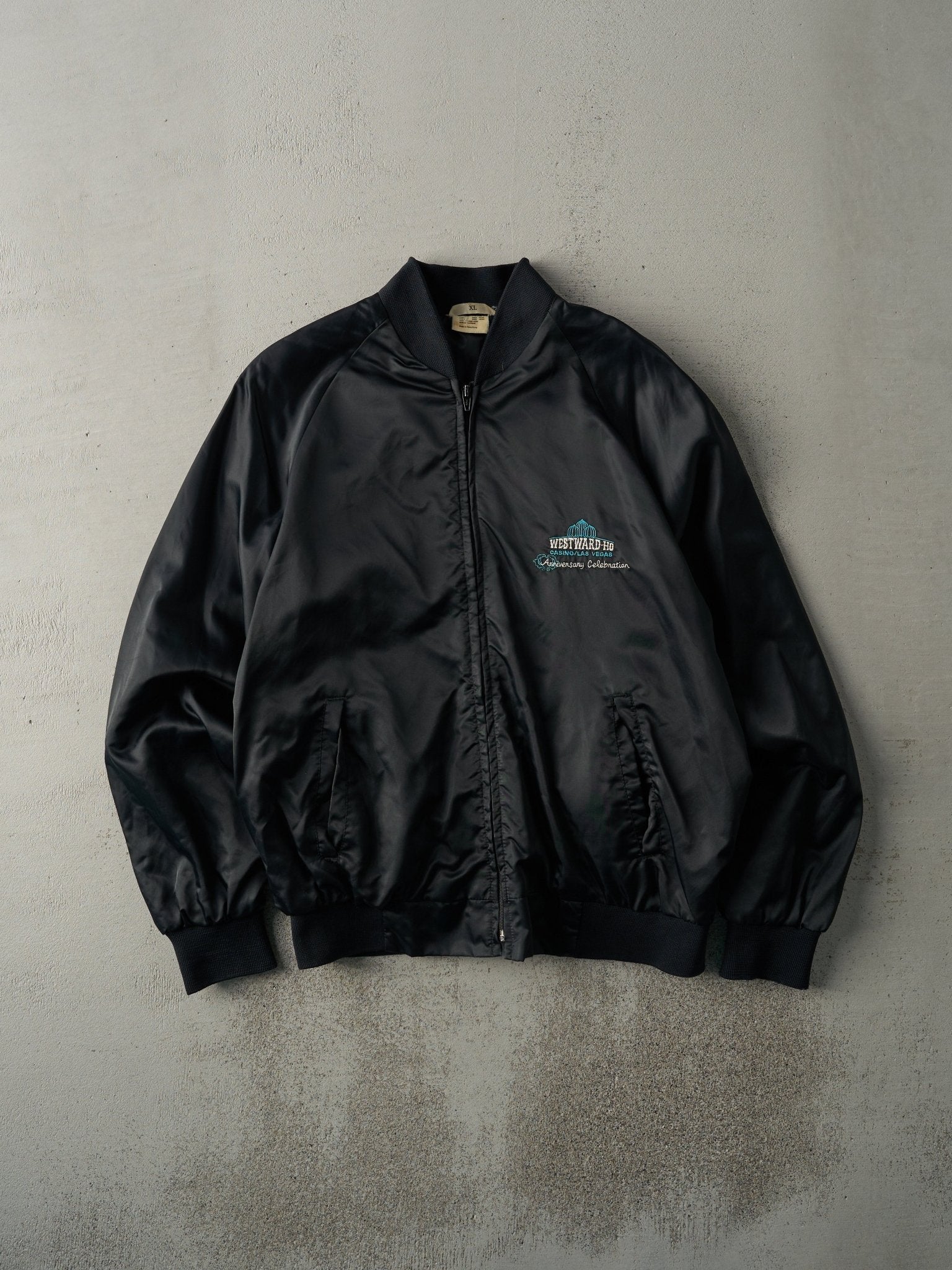 Vintage 80s Black Embroidered Westward-Ho Casino Las Vegas Nylon Bomber Jacket (M/L)
