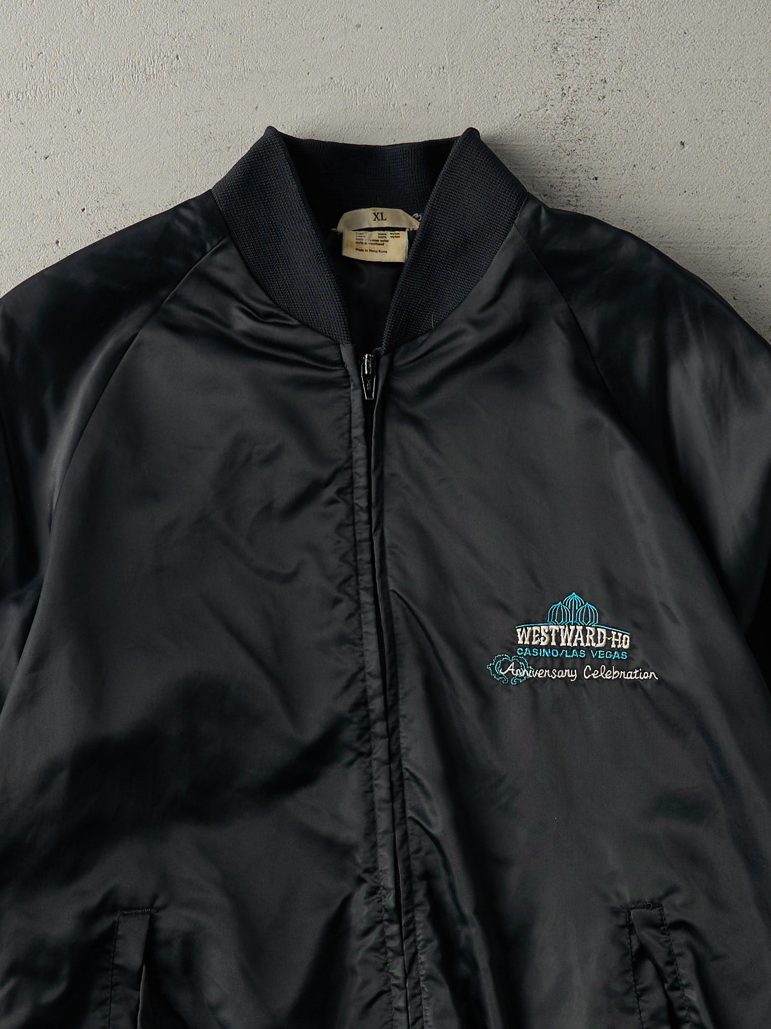 Vintage 80s Black Embroidered Westward-Ho Casino Las Vegas Nylon Bomber Jacket (M/L)