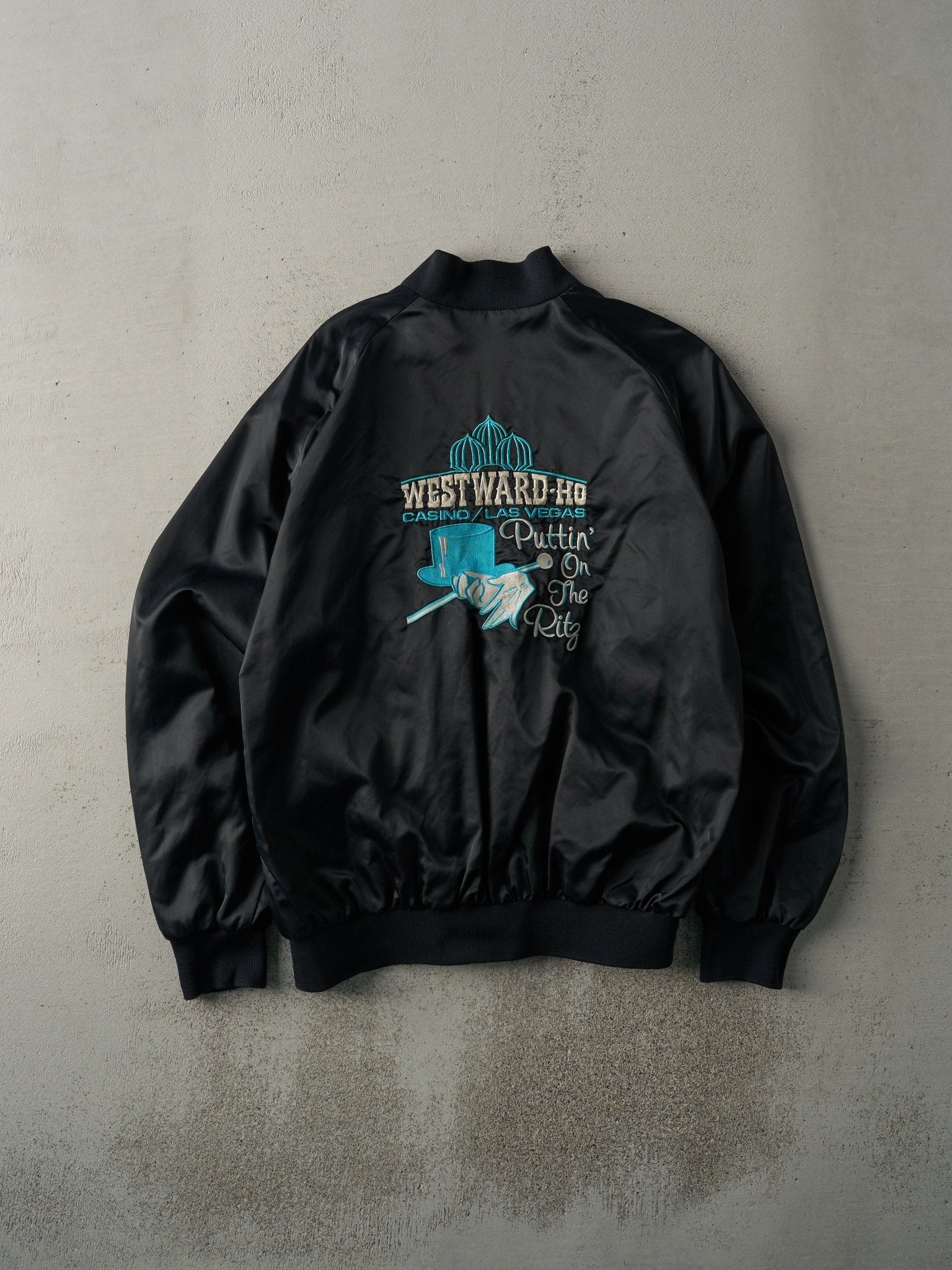 Vintage 80s Black Embroidered Westward-Ho Casino Las Vegas Nylon Bomber Jacket (M/L)