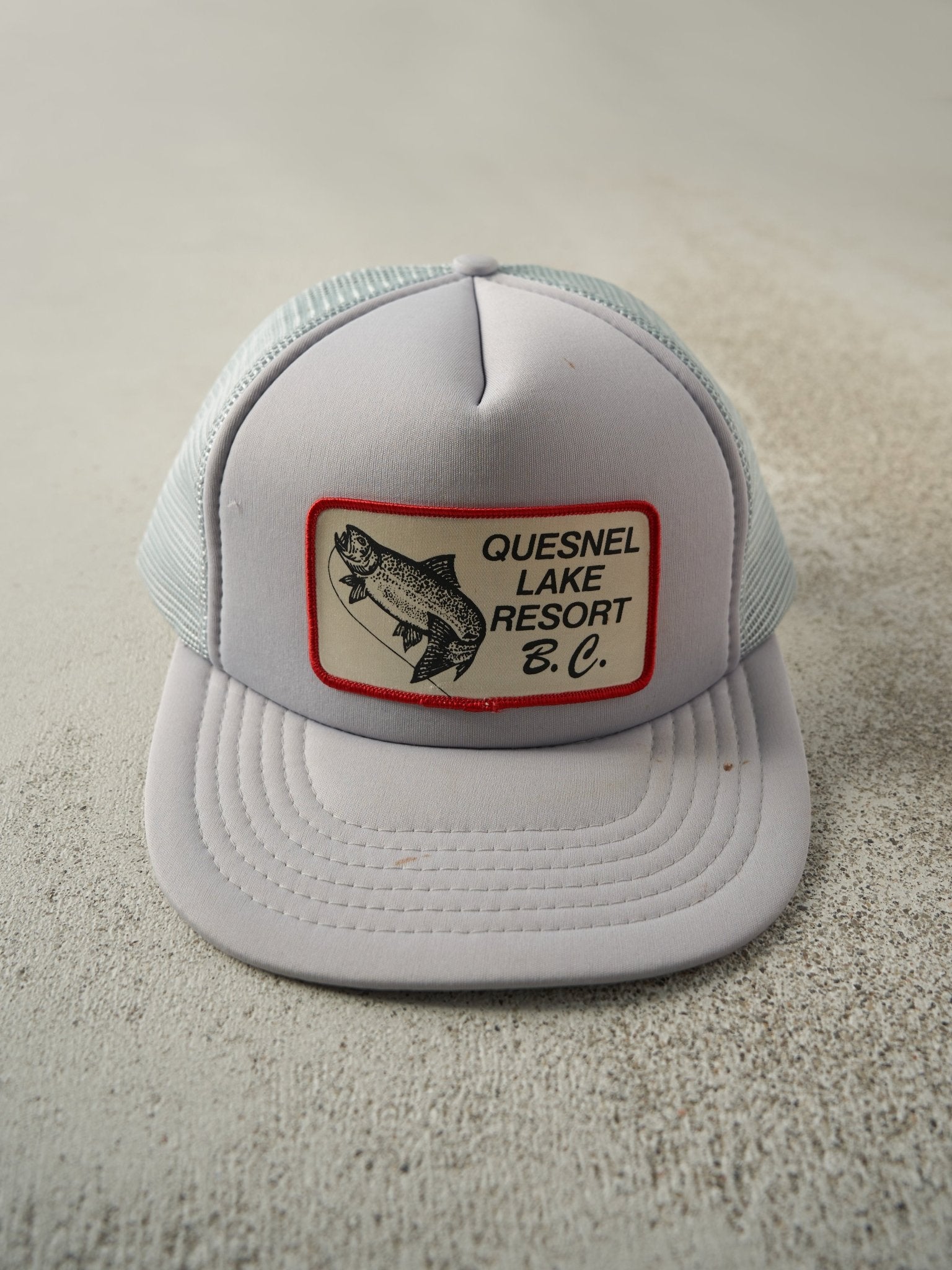 Vintage 80s Grey Quesnel Lake Resort B.C. Foam Trucker Hat