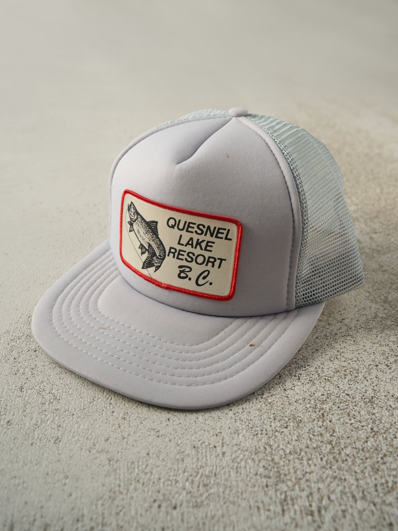 Vintage 80s Grey Quesnel Lake Resort B.C. Foam Trucker Hat