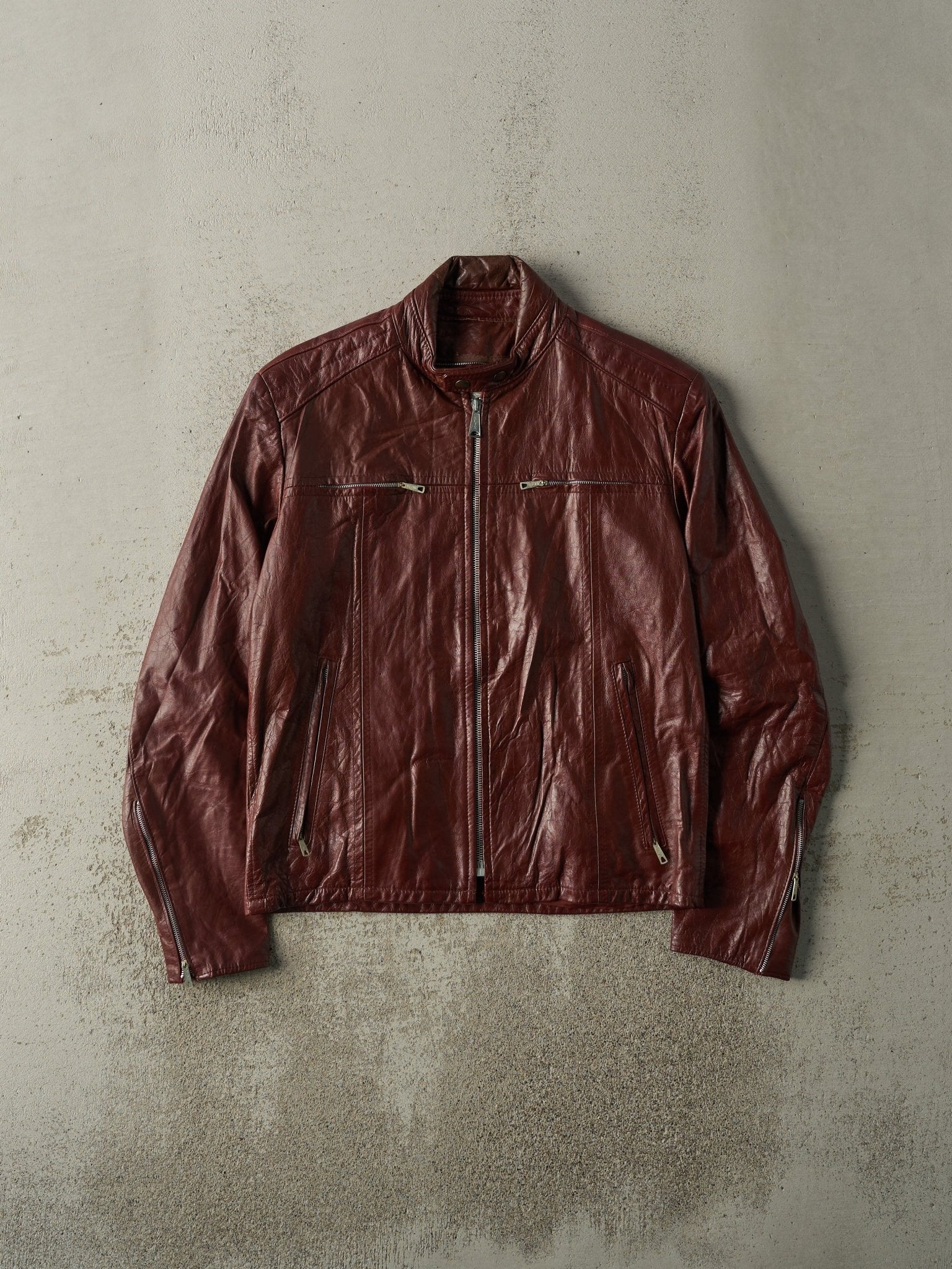 Vintage 90s Burgundy Leather Biker Jacket (S)