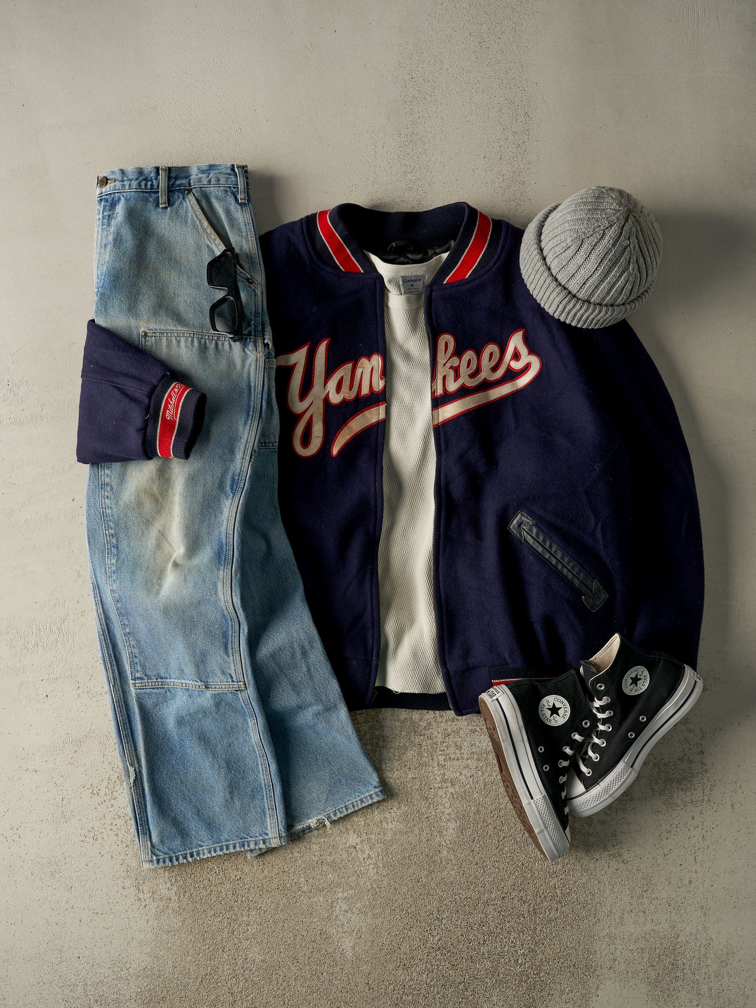 Vintage 90s Navy Blue New York Yankees Mitchell & Ness Zip Up Varsity Jacket (XXL/XXXL)