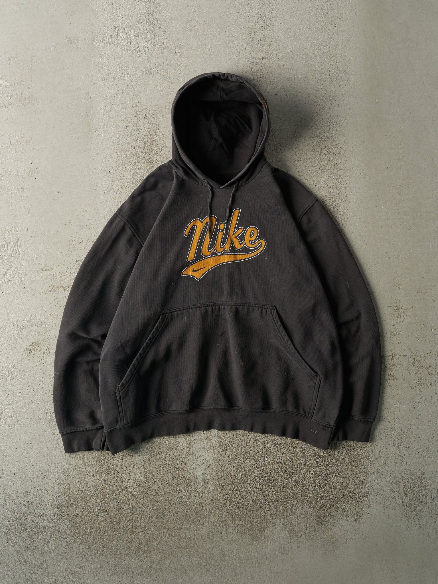 Vintage Y2K Faded Black and Yellow Nike Spell Out Hoodie (L)