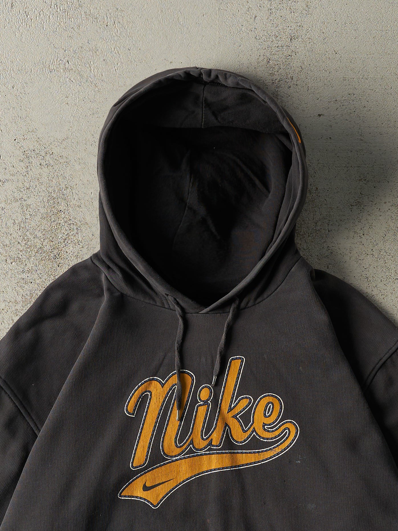 Vintage Y2K Faded Black and Yellow Nike Spell Out Hoodie (L)