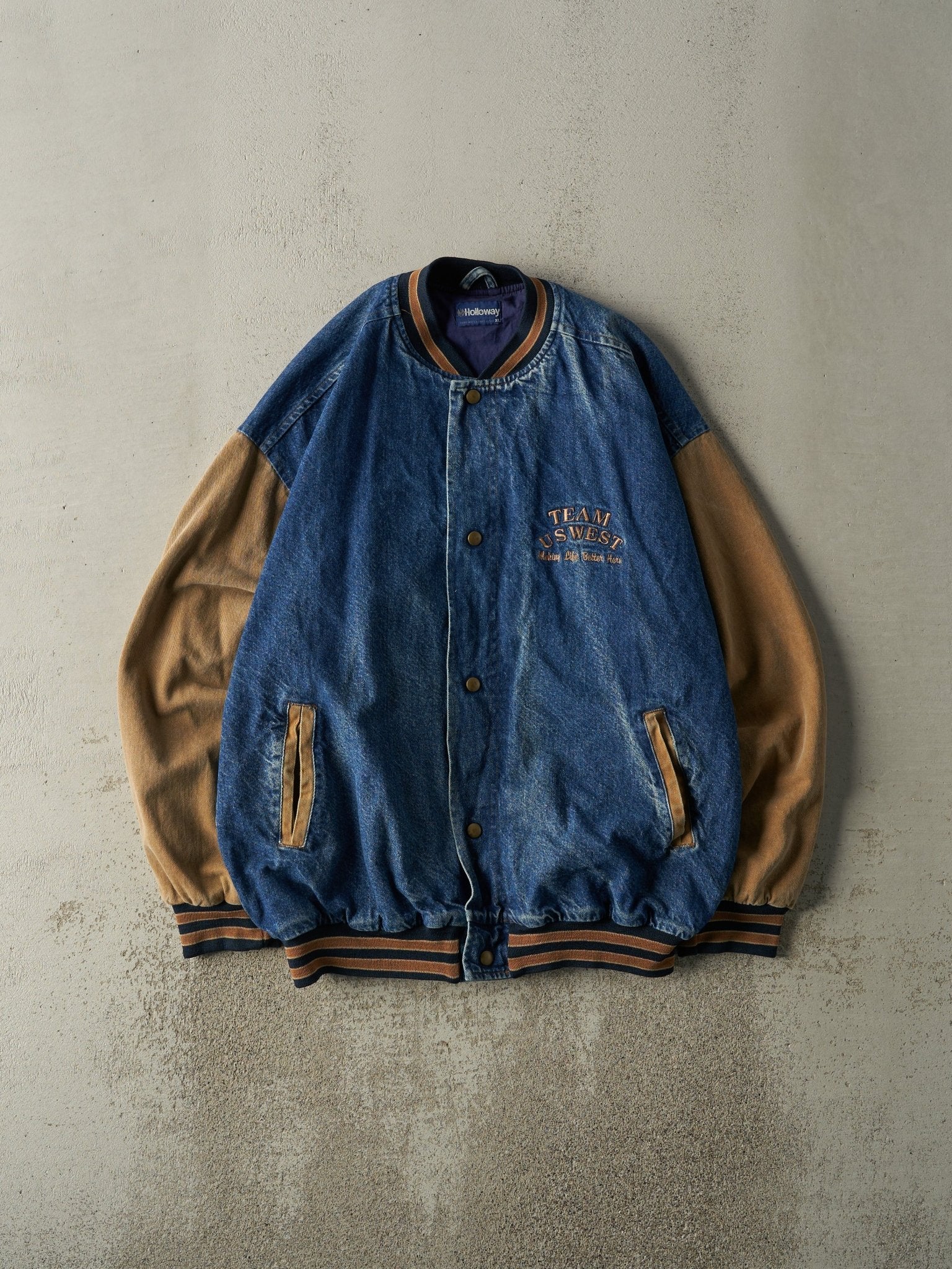 Vintage 90s Mid Wash Team US West Denim Varsity Jacket (L)