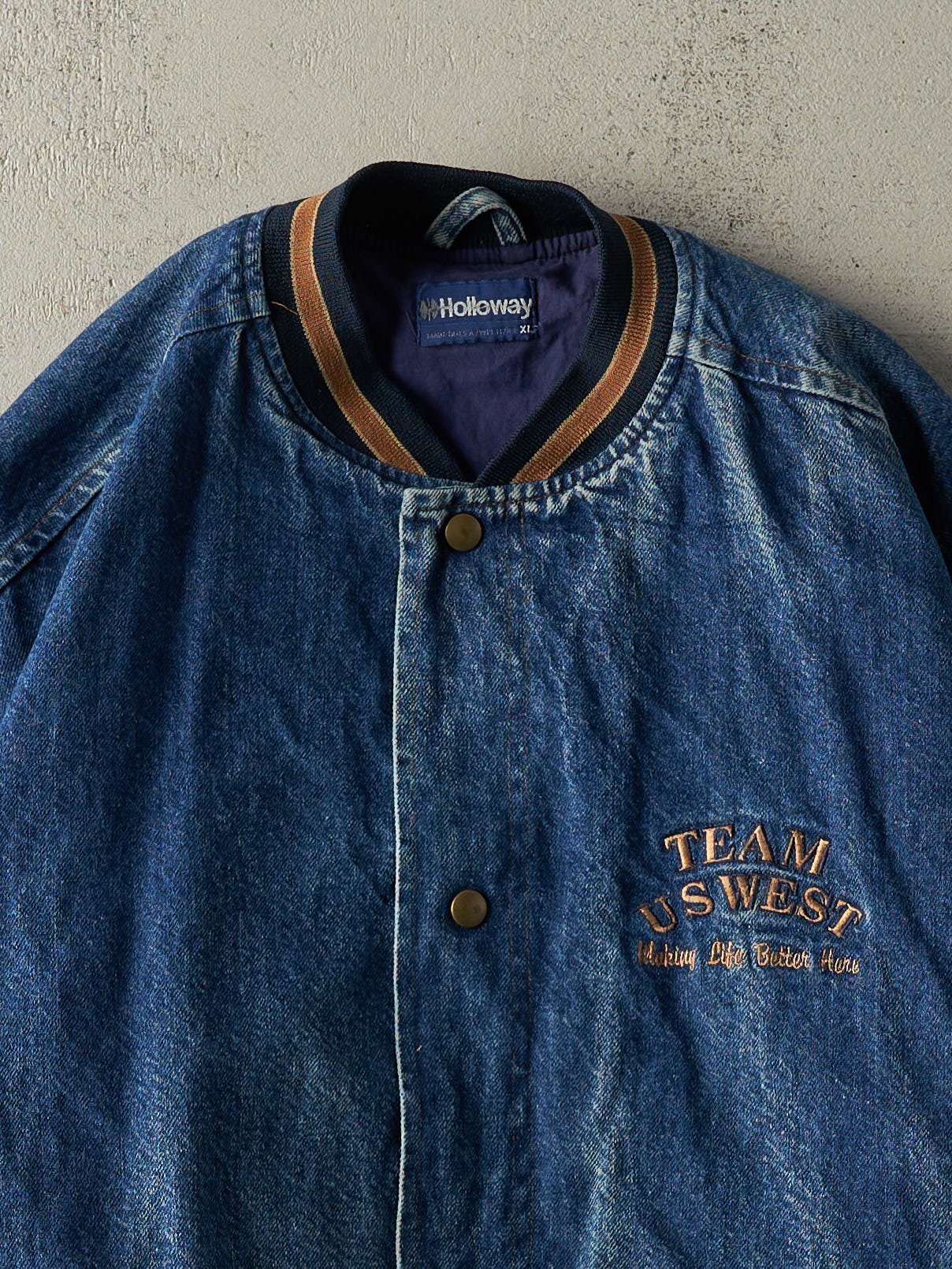Vintage 90s Mid Wash Team US West Denim Varsity Jacket (L)