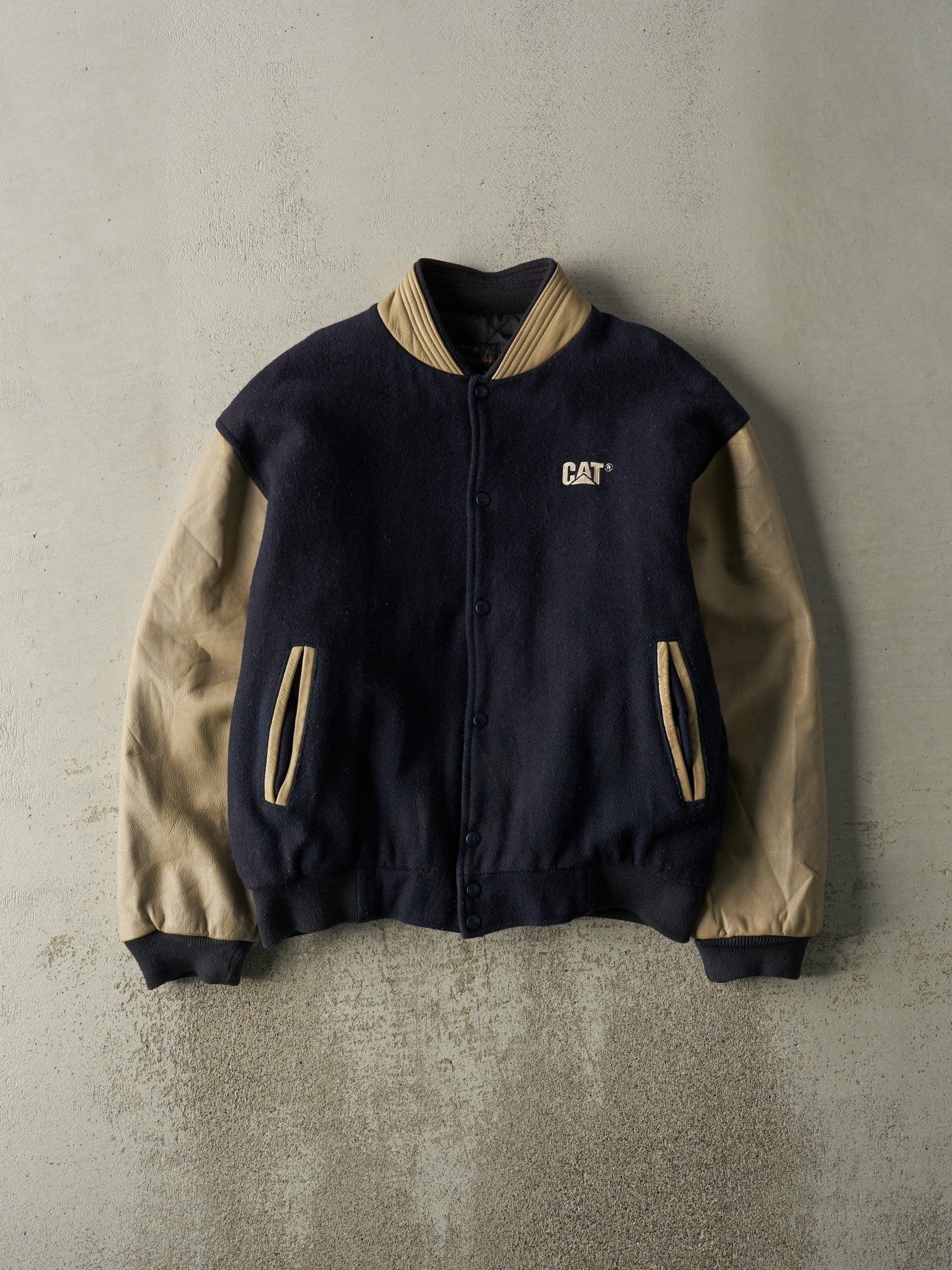 Vintage 90s Navy Blue & Beige CAT Embroidered Varsity Jacket (L)