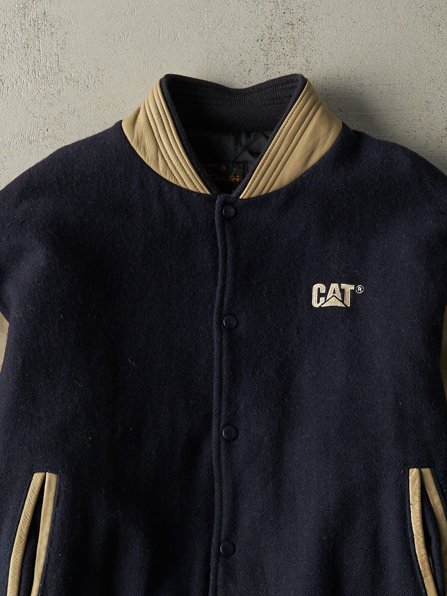 Vintage 90s Navy Blue & Beige CAT Embroidered Varsity Jacket (L)