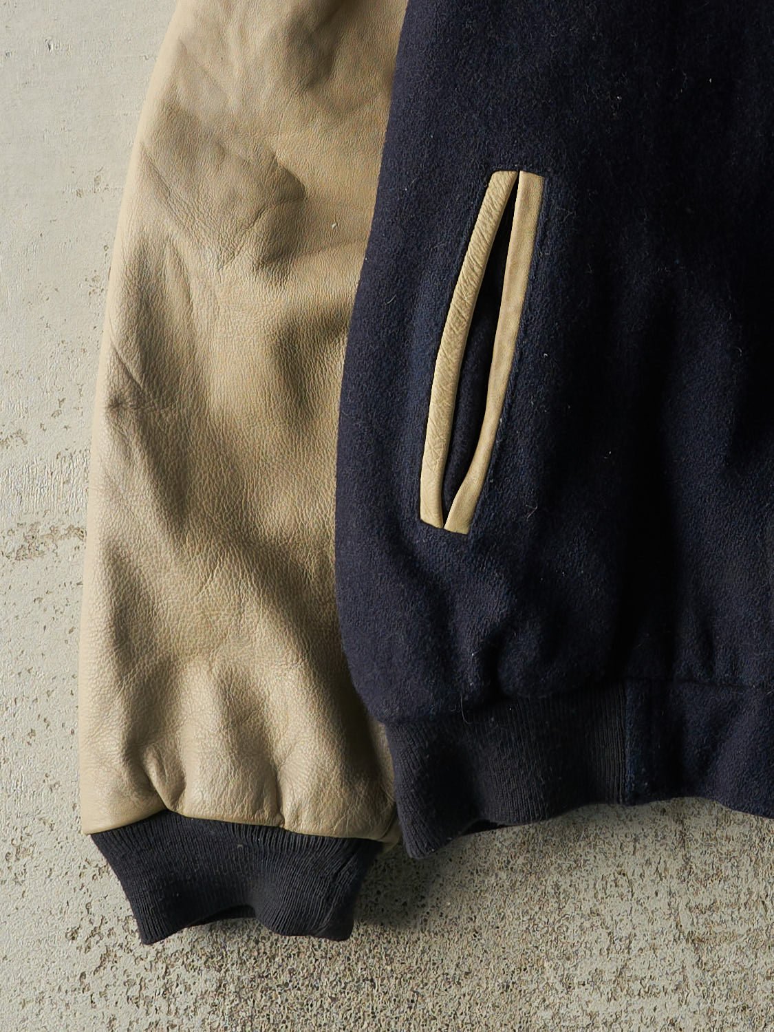 Vintage 90s Navy Blue & Beige CAT Embroidered Varsity Jacket (L)