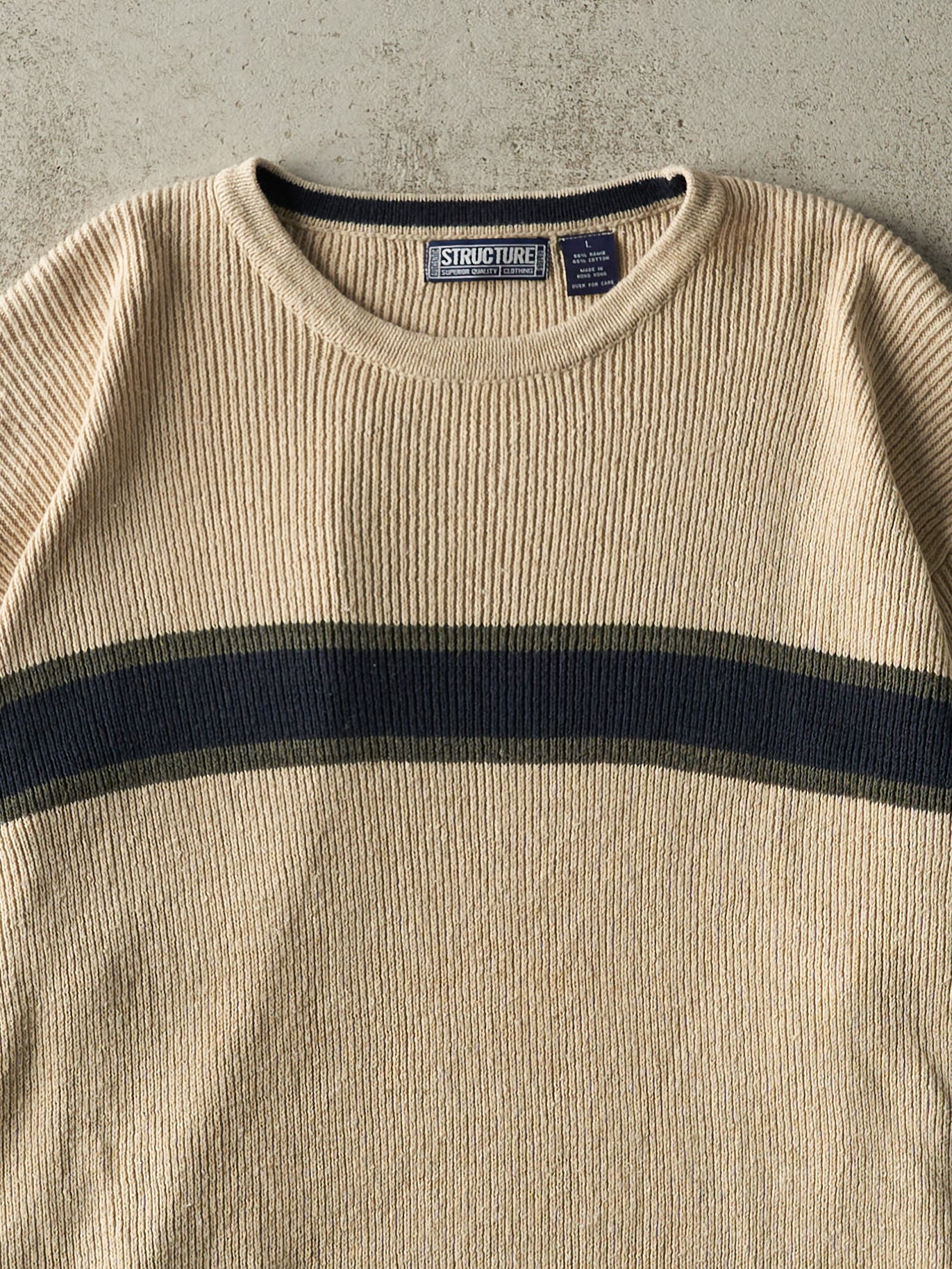 Vintage Y2K Beige & Green Striped Knit Pullover (L)